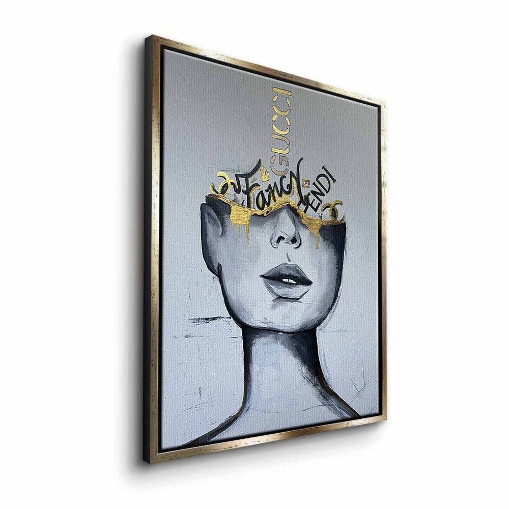 DOTCOMCANVAS® Leinwandbild, Weißes Wandbild Fancy Rahmen - Frauen Gold mit weißer - Gesicht