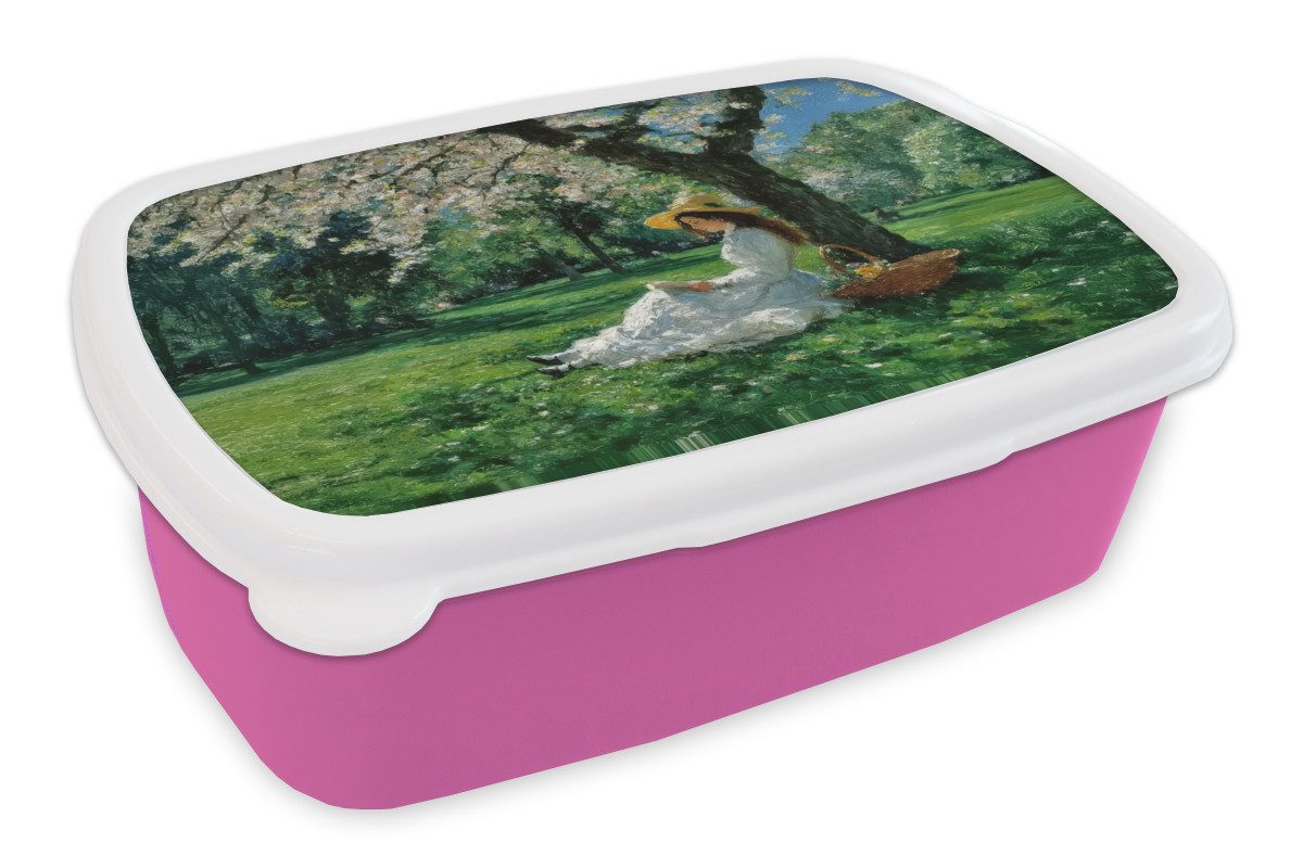MuchoWow Lunchbox Frau - Baum - Buch - Korb, Kunststoff, (2-tlg), Brotdosen, Lunch Box, Brotbox für Kinder und Erwachsene