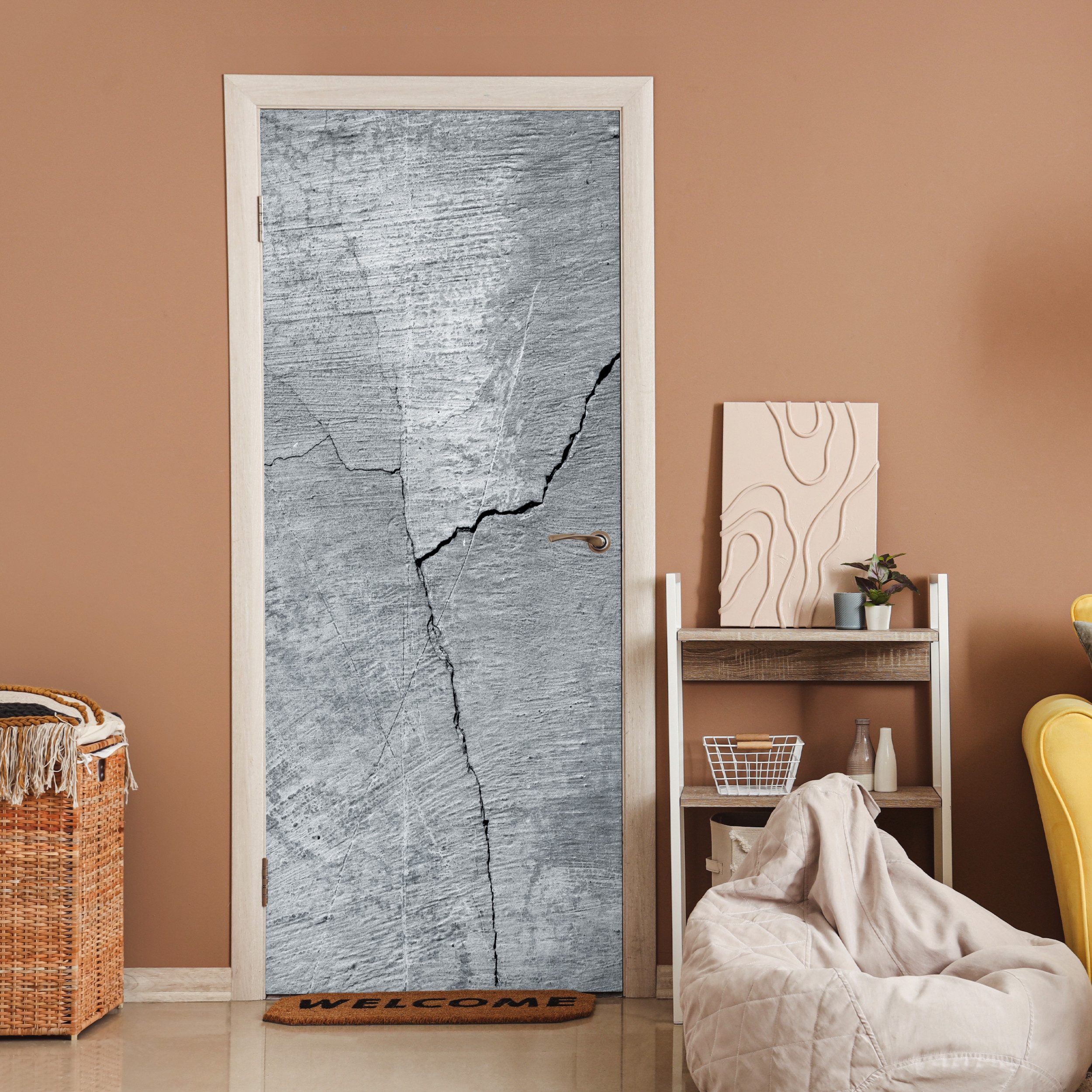 MuchoWow Türtapete Beton - Grau - Riss, Matt, bedruckt, (1 St), Selbstklebende Tapete, Folie für Möbel, 75x205 cm