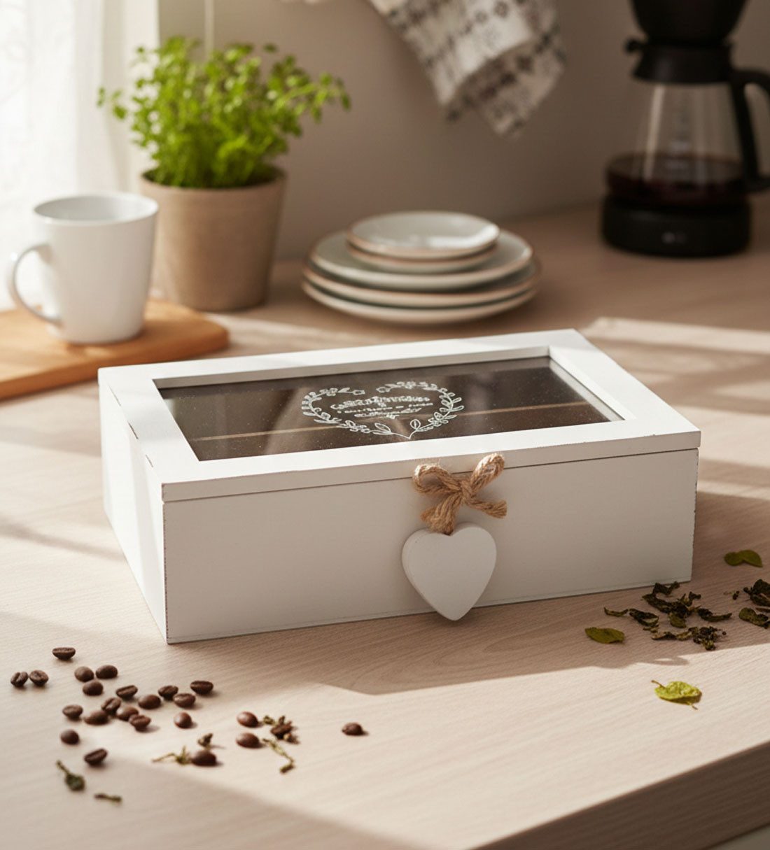 LB H&F Lilienburg Teebox Aufbewahrungsbox Retro Holzbox mit Deckel Shabby, (Teebox Teekiste Aufbewahrungsdose Organizer Utensilo Dose Box Kiste Schmuckbox Schmuckdose Holz Glasdeckel Storage Box, Aufbewahrung für Teebeutel Küchen Tee Teebeutelaufbewahrung Aufbewahrungsbehälter Schaukasten Sortierkasten Schmuck Teebeutelbox Landhausstil Nostalgie), Vintage Herz Dekobox Dekokiste Holzkiste Teebox weiß