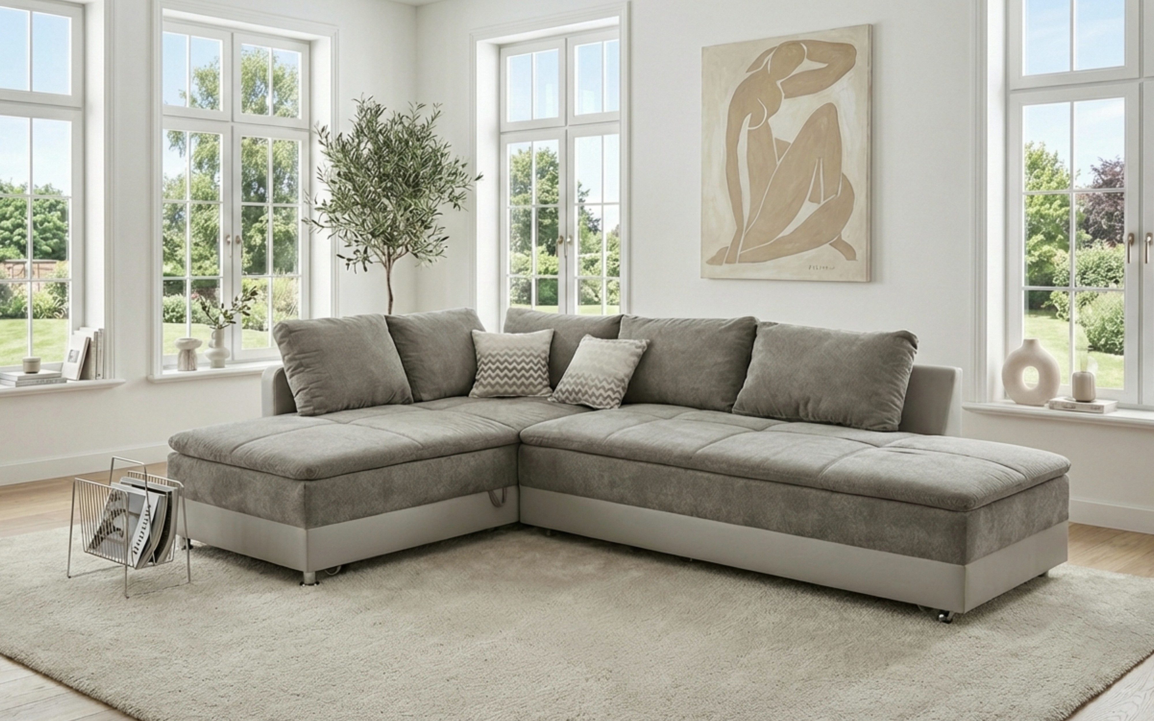 luma-home Ecksofa 15102, Dauerschläfer-Doppelbett B306/T223/H95 cm, Bettkasten, Regal, Boxspring, Federkern, Wellenunterfederung, Topper, Schwenkteil rechts, Mikrofaser Graubraun/Kunstleder Beige