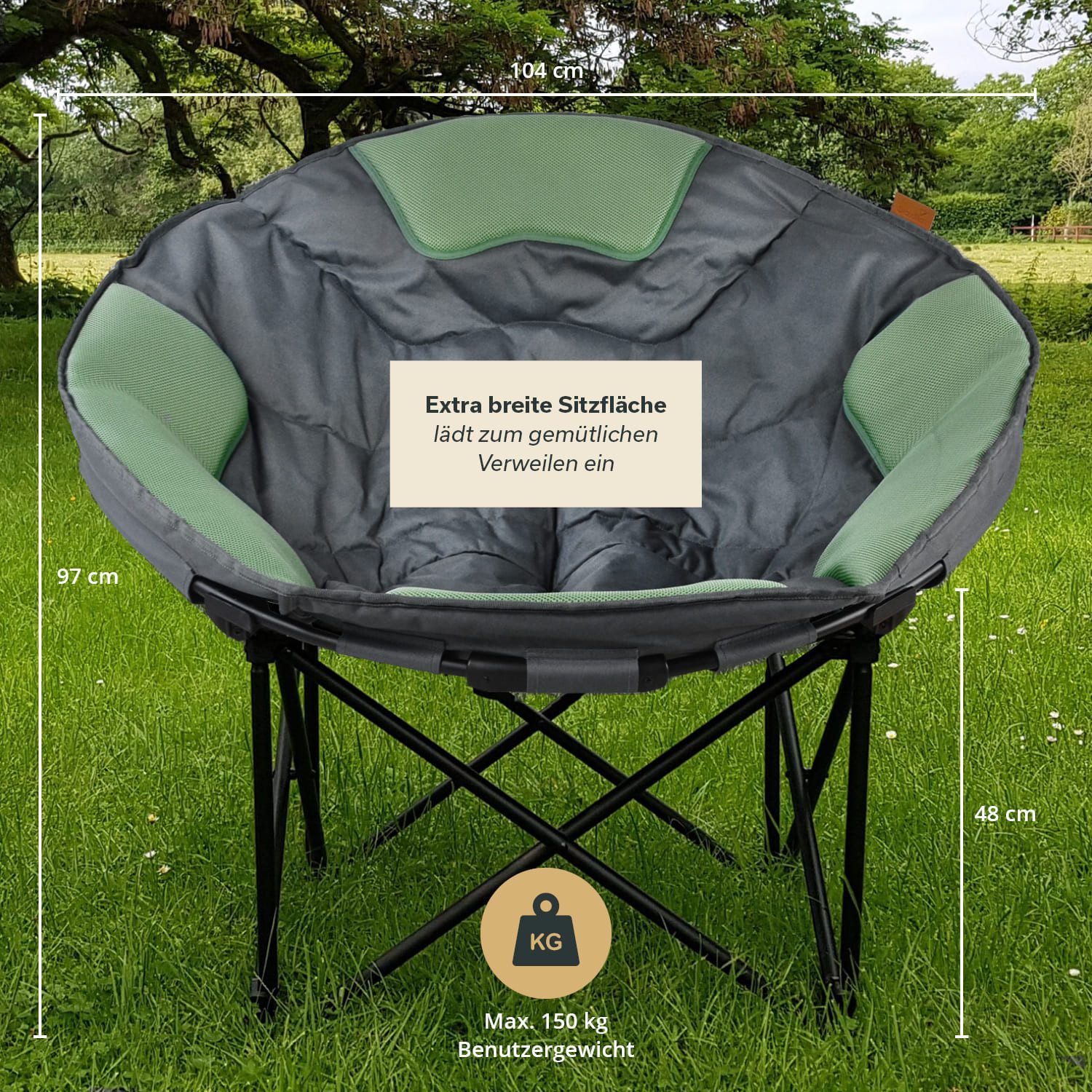 Skandika Campingstuhl Moonchair Deluxe XXL, Großer, bequemer Mondsessel, Gartenstuhl (Benutzergewicht max. 150 kg), gepolstert, klappbar, Tragegriff, Tragetasche, rund, Anti-Rutsch-Füße
