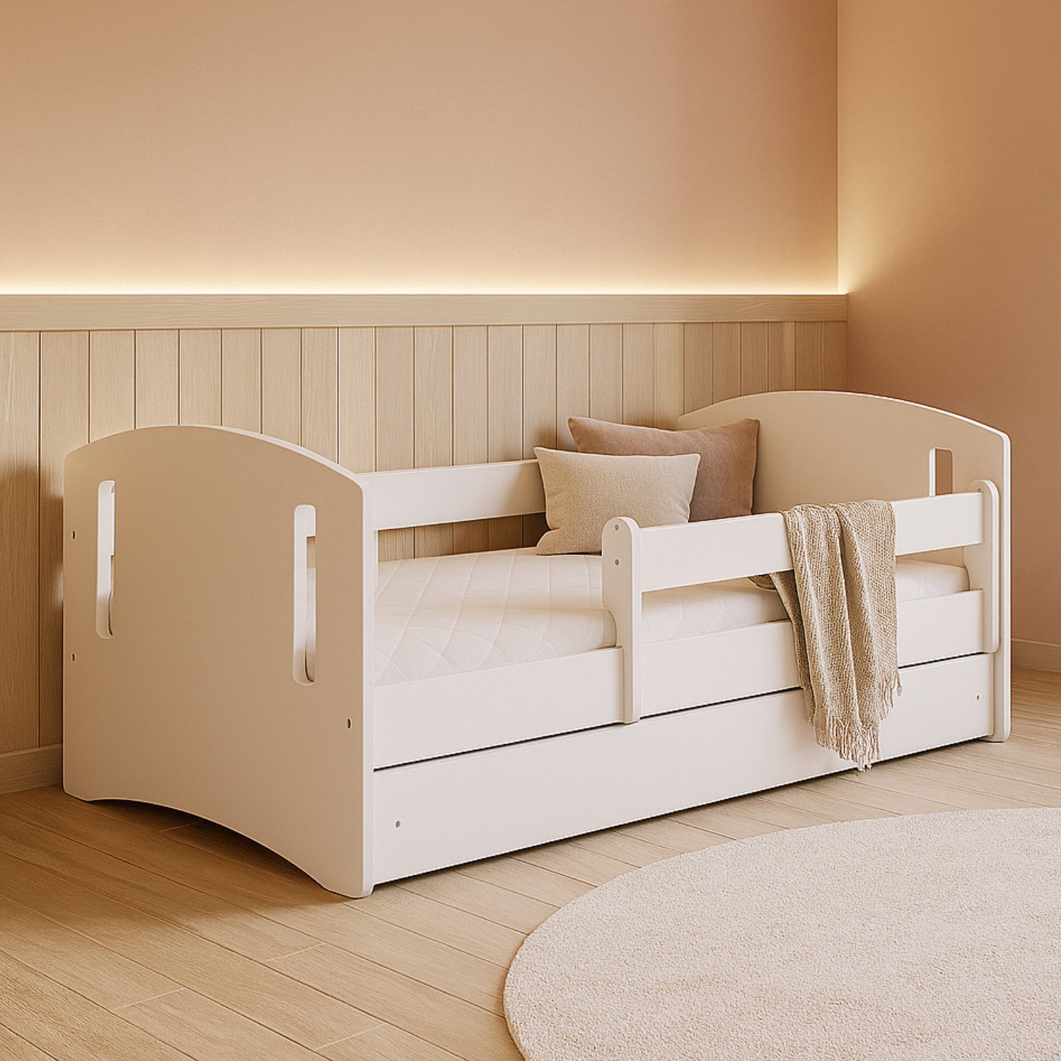 Alavya Home® Kinderbett NORA mit Schublade Erhältlich in 80x140 80x160 80x180 (Kinderbett 80x140 cm mit Schublade, Rausfallschutz & Lattenrost), aus Kiefernholz, modernes weißes Design – perfekt fürs Kinderzimmer