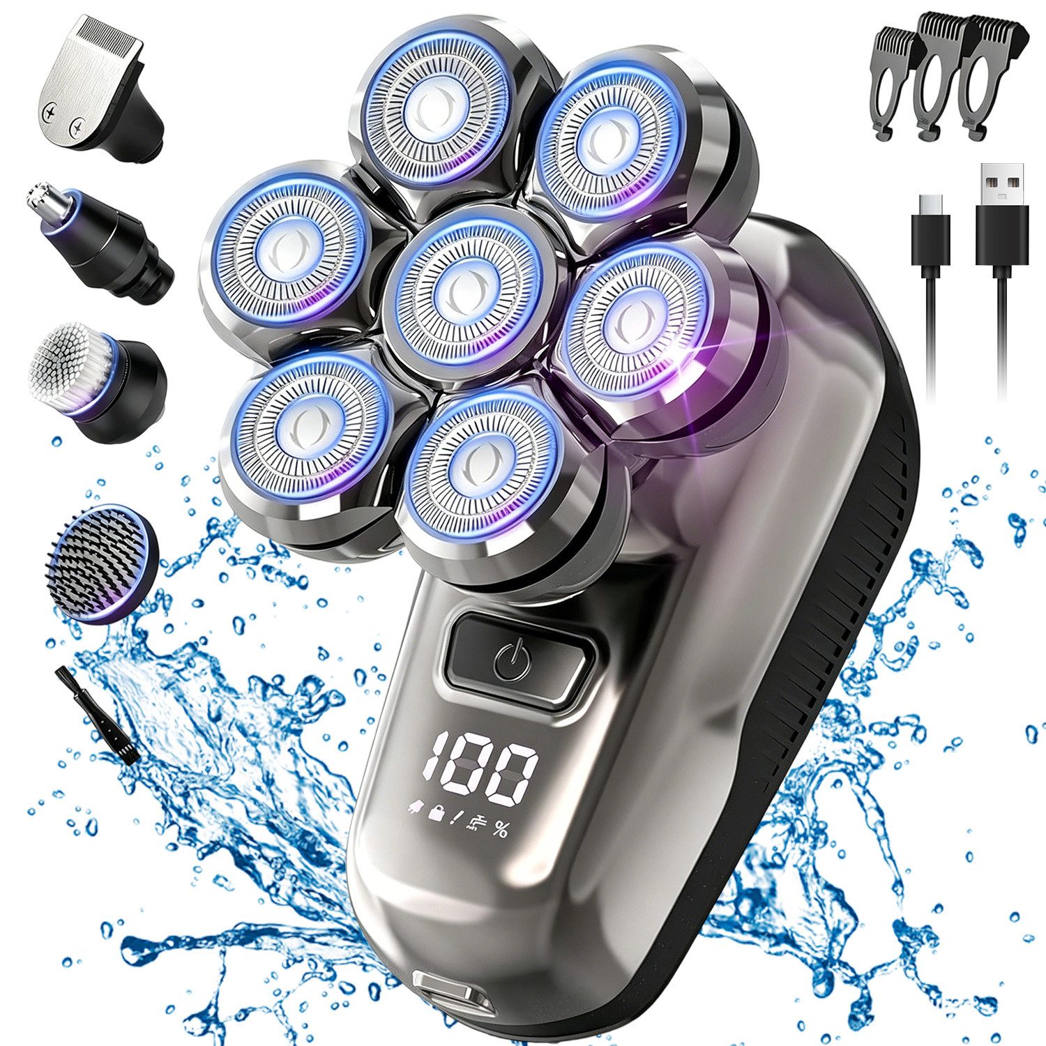 AKKEE Elektrorasierer Glatzen Rasierer Herren, Upgrade-7D Kopfrasierer Glatze, Aufsätze: 7, Haarschneider (3/5/7 mm), Nass-& Trockenrasur, IPX6 Wasserdicht, LED-Anzeige Bart Nasenhaar Trimmer Pflege Kit