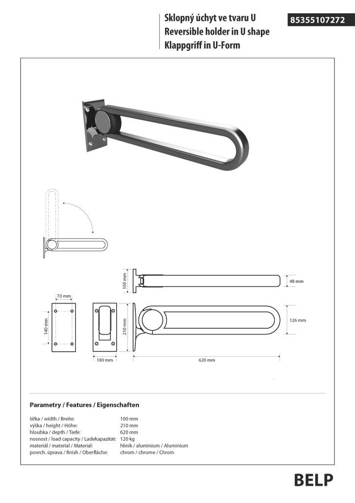 BRILLANTBAD® Stützklappgriff BELP Klappgriff in U-Form Aluminium Chrom für Bad & WC >> Bohren
