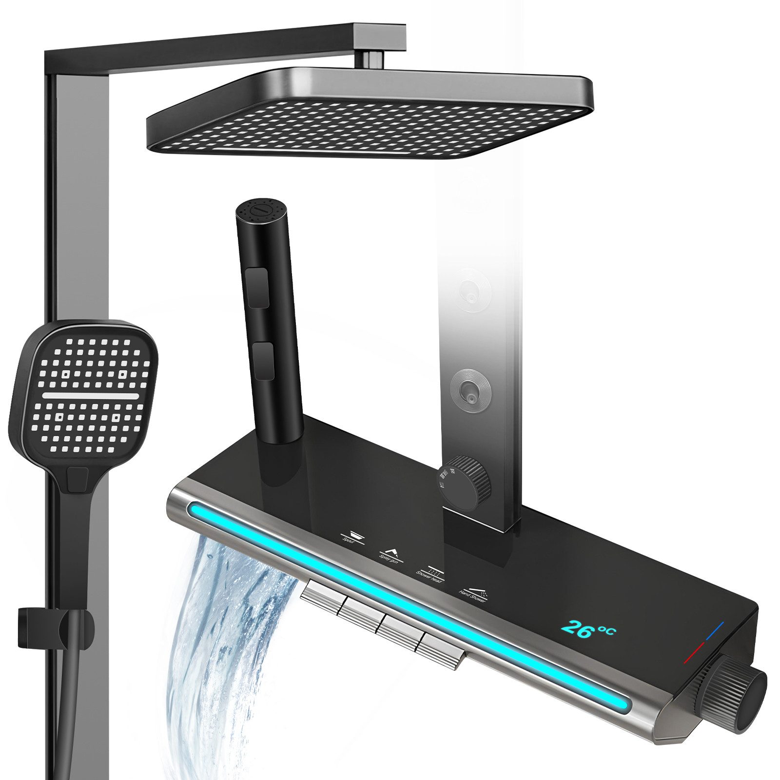 XERSEK Brausegarnitur 5in1 Duschsystem, LED-Display, 33×22 cm Drehbarer Duschkopf Höhe 107cm, inkl.Regendusche Handbrause Rückendüse Waschtischarmatur Spritzpistole