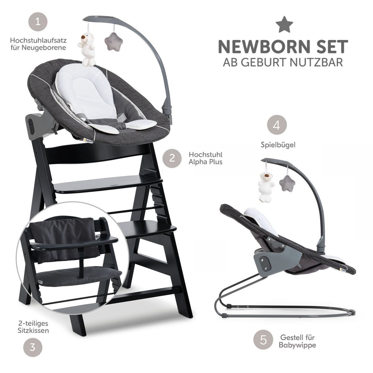 Hauck Hochstuhl Alpha Plus Black Newborn Set Deluxe (Set), Holz Babystuhl a günstig online kaufen