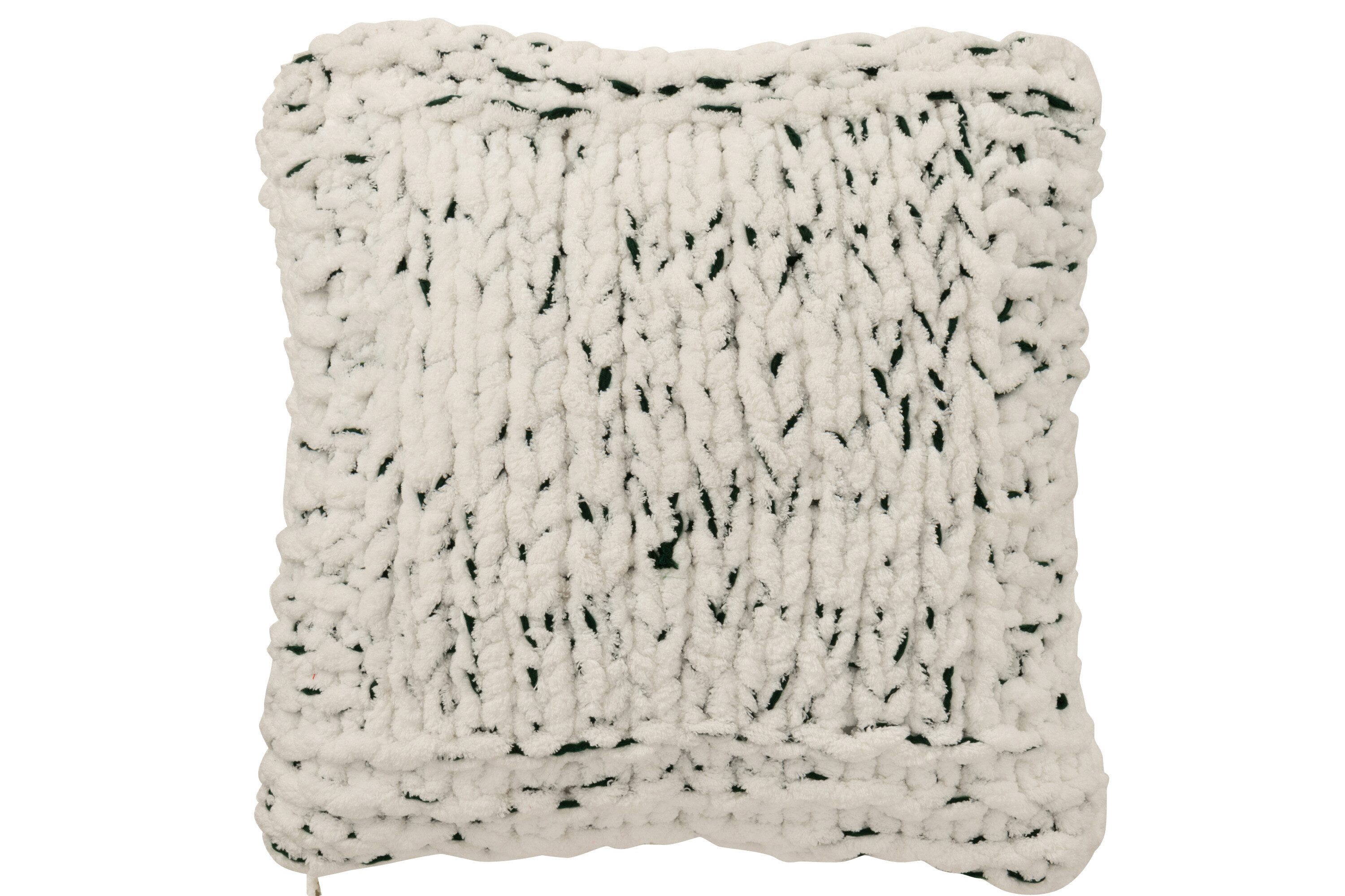 J-line Dekokissen Kissen Gestrickt 50x50, Polyester, Weiß / Dunkelgrün