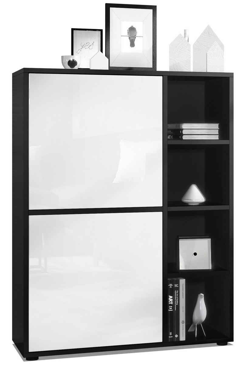 Vladon Highboard Cuba (Anrichte, mit 2 Türen und 4 offene Fächer), Schwarz matt/Scratchy metal (79 x 105,5 x 35,5 cm)