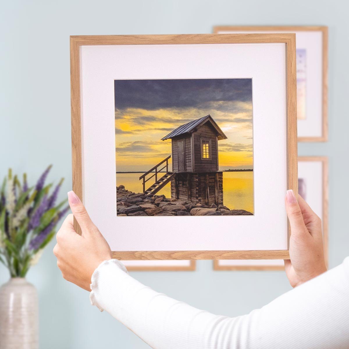 PHOTOLINI Bilderrahmen Sets quadratisch 30x30 cm aus MDF Holz mit Acrylglas & Zubehör, für 6 Bilder (6er Set), 6er Set moderne Posterrahmen Natur – Bild 4 von 5