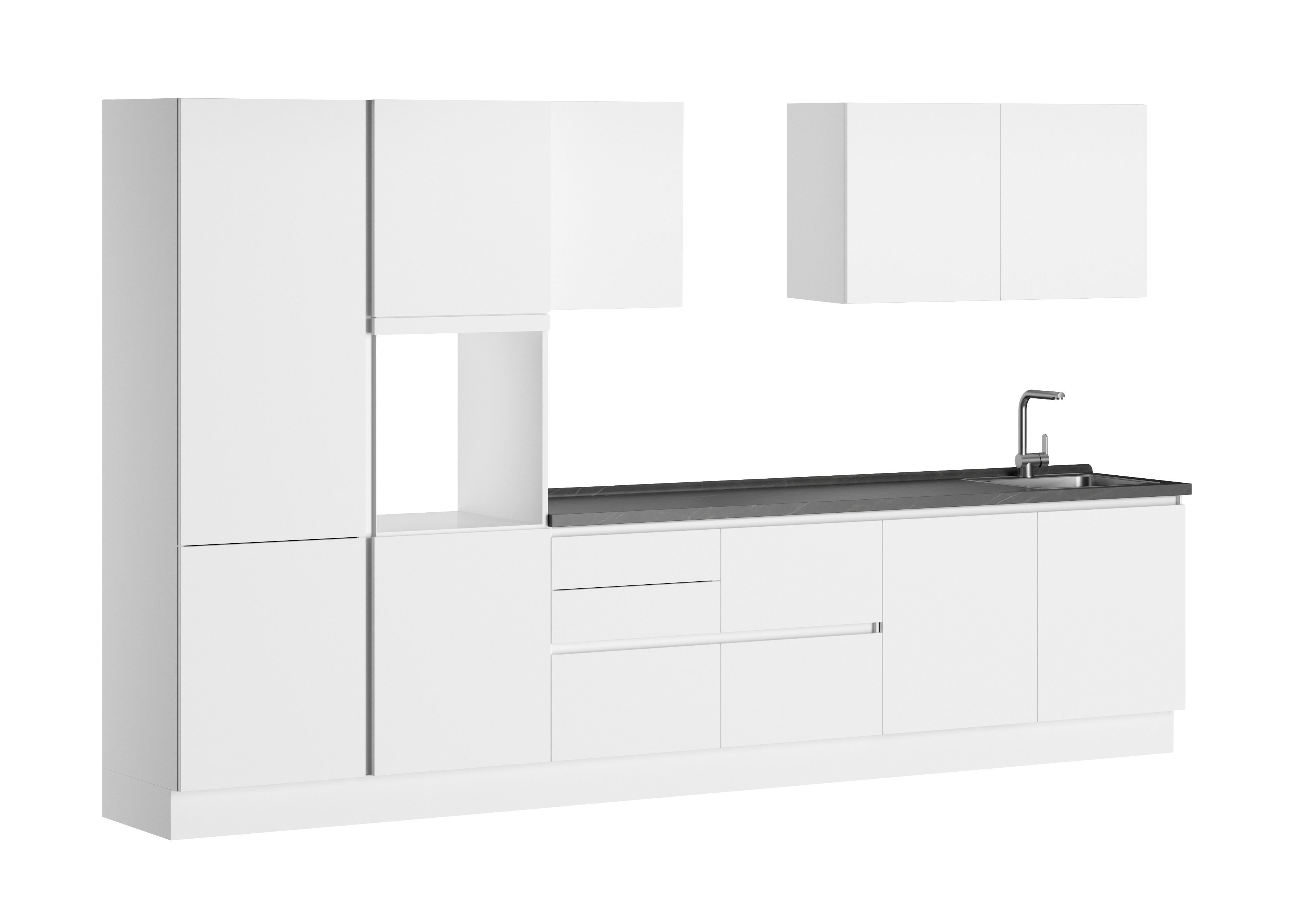 ROCTOR Küchenzeile RT9001 TopSoft weiß / AP Mamor dunkel Top matt - 362,5 cm Breit, Vormontiert, Ohne E-Geräte, Korpus Made in Germany