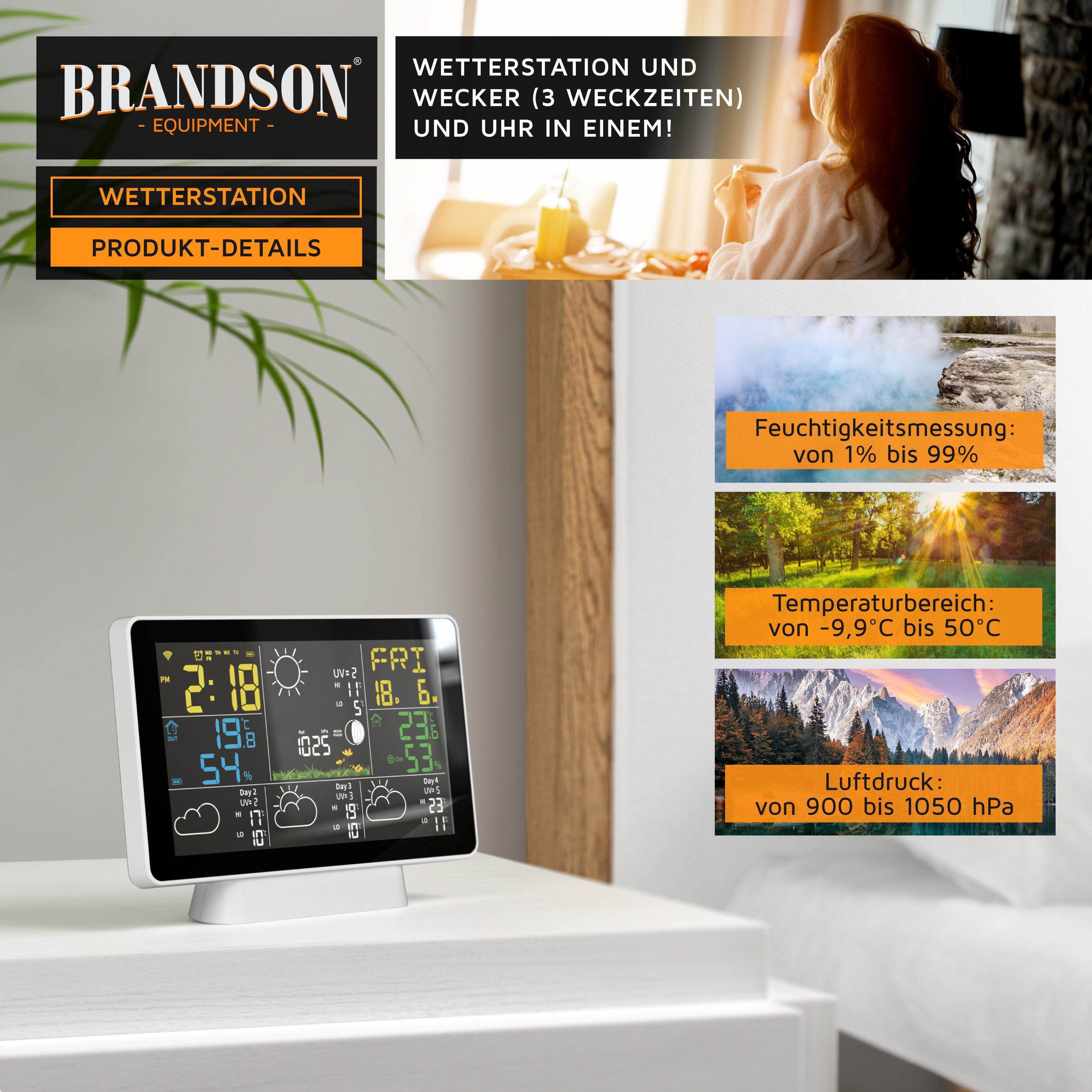 Brandson WIFI / Wlan, mit Funk Außensensor, Barometer, Luftfeuchtigkeit Wetterstation (mit Außensensor, Wecker, Wetter Prognose mit App, Temperaturtrend, UV, Mondphase)