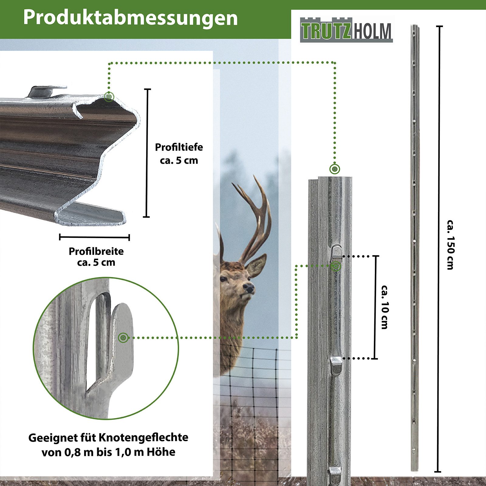 TRUTZHOLM Zaunpfosten Z-Profil 150cm feuerverzinkt 10xZaunpfähle 1,5mm Stärke Forstprofil, (Set), wetterbeständig, robust, stabil, witterungsbeständig,gestanzte Haken