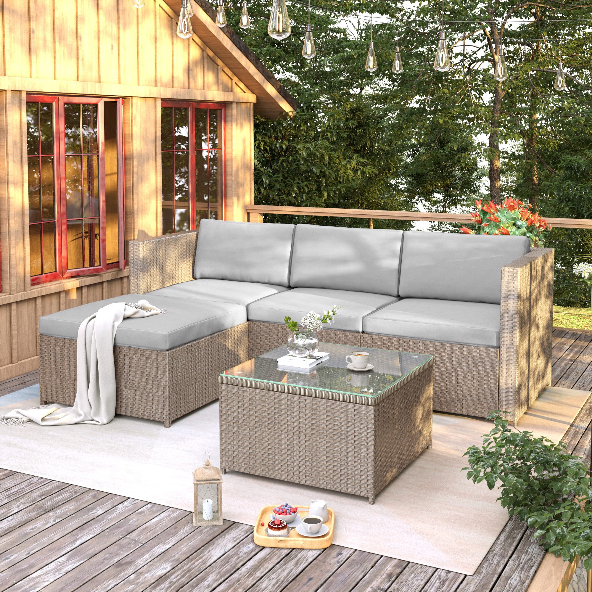 Merax Gartenlounge-Set 5-teilig Gartenmöbel Set aus Polyrattan für 4 Personen, (5-tlg), Sitzgruppe Balkonset mit Kissen, Couch-Set für Garten, Terrasse