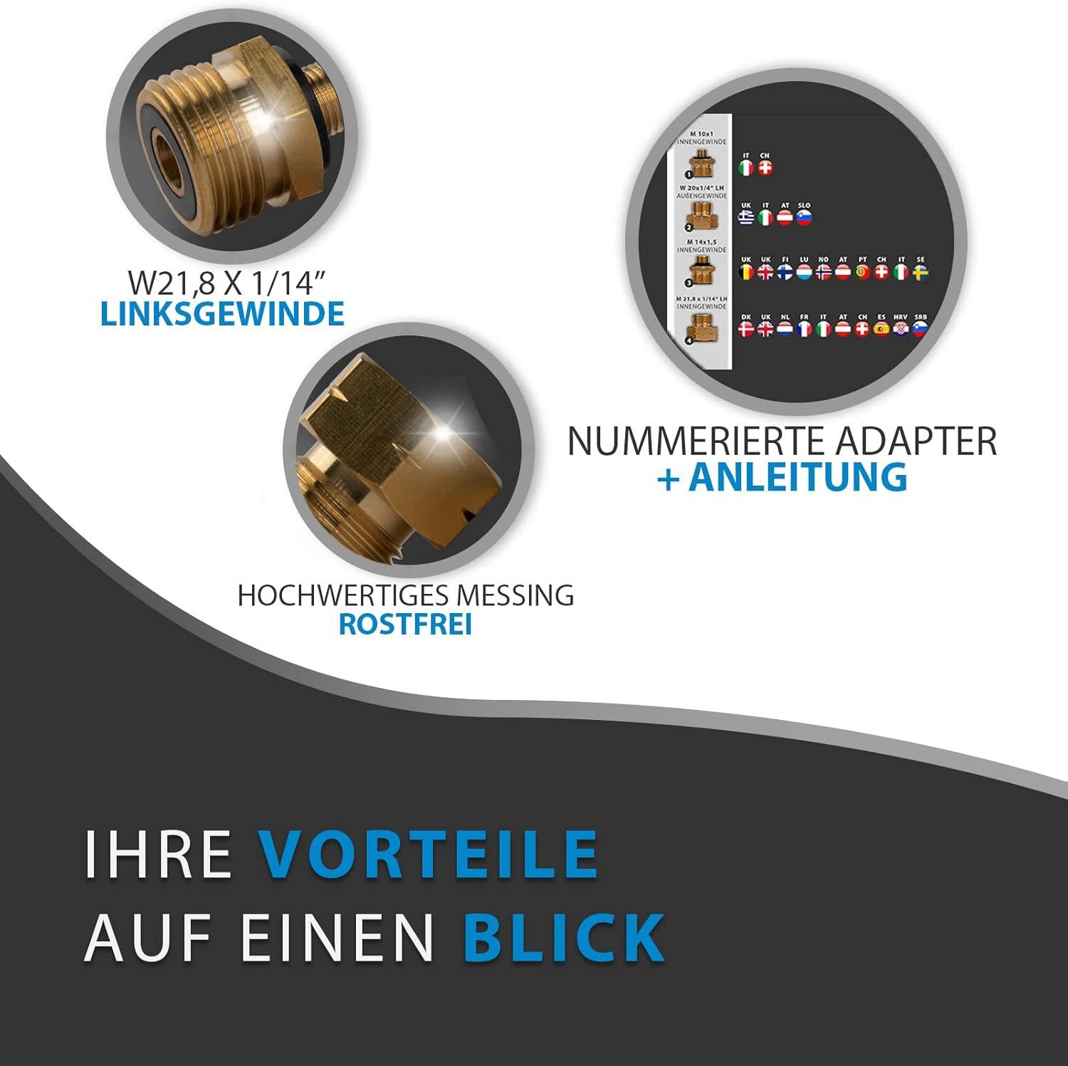 Pelmos Gaskocher Gasanschluss Adapter I 4 teiliges Gasflaschen Adapter, (Set für das EU-Ausland, 4-St), Zum Anschluss von Druckreglern an ausländischen Gasflasc – Bild 4 von 5