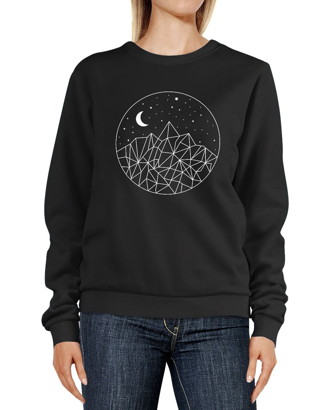 Neverless Pulli Polygon und Print Sweater Neverless® Berge Design Sweatshirt Sweatshirt Damen schwarz Rundhals-Pullover Sterne