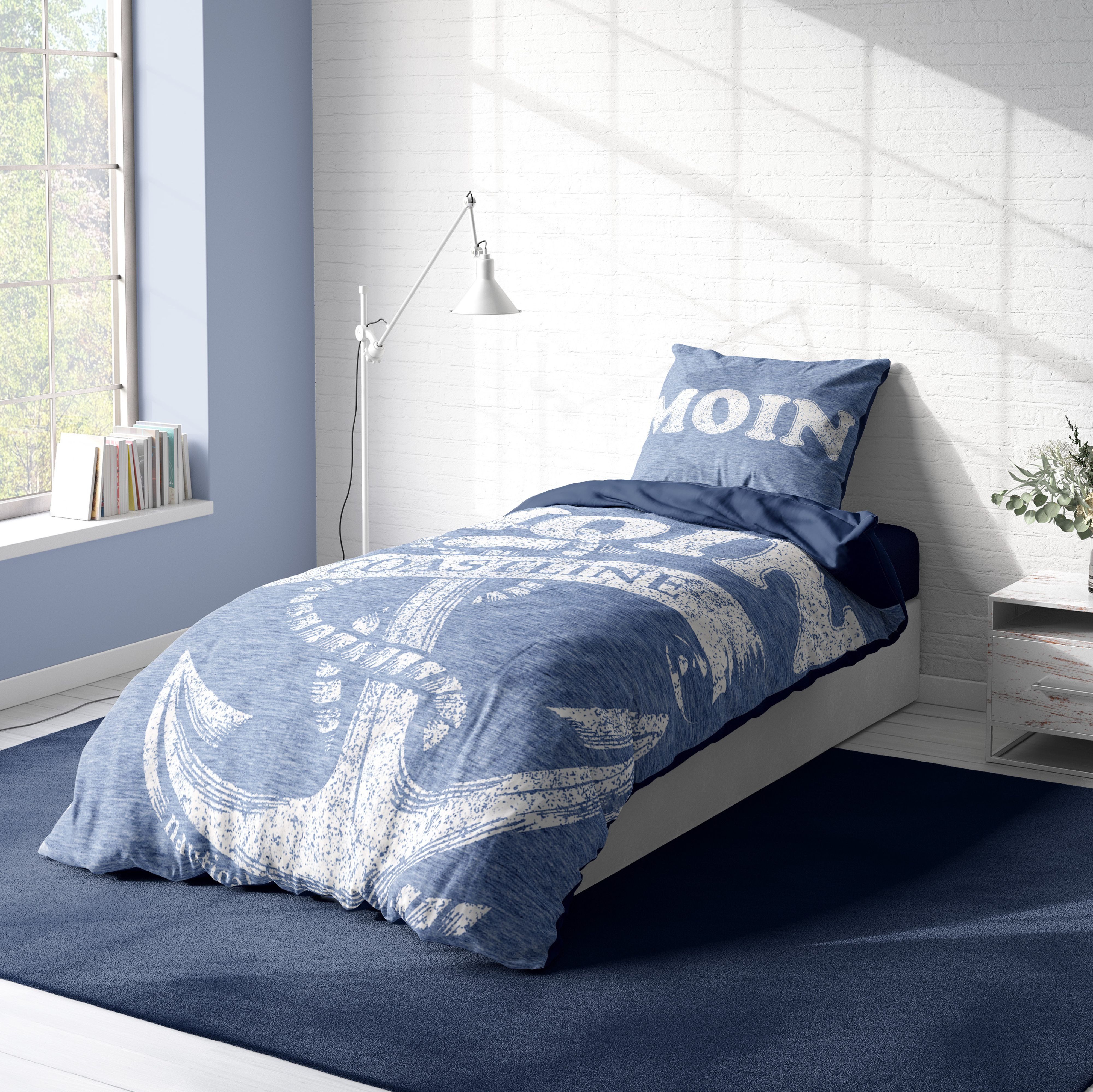 One Home Bettwäsche Fotodruck, Mikrofaser, 2 teilig, Maritim Anker Nautic meliert, Knitterfrei Weich für Sommer und Winter
