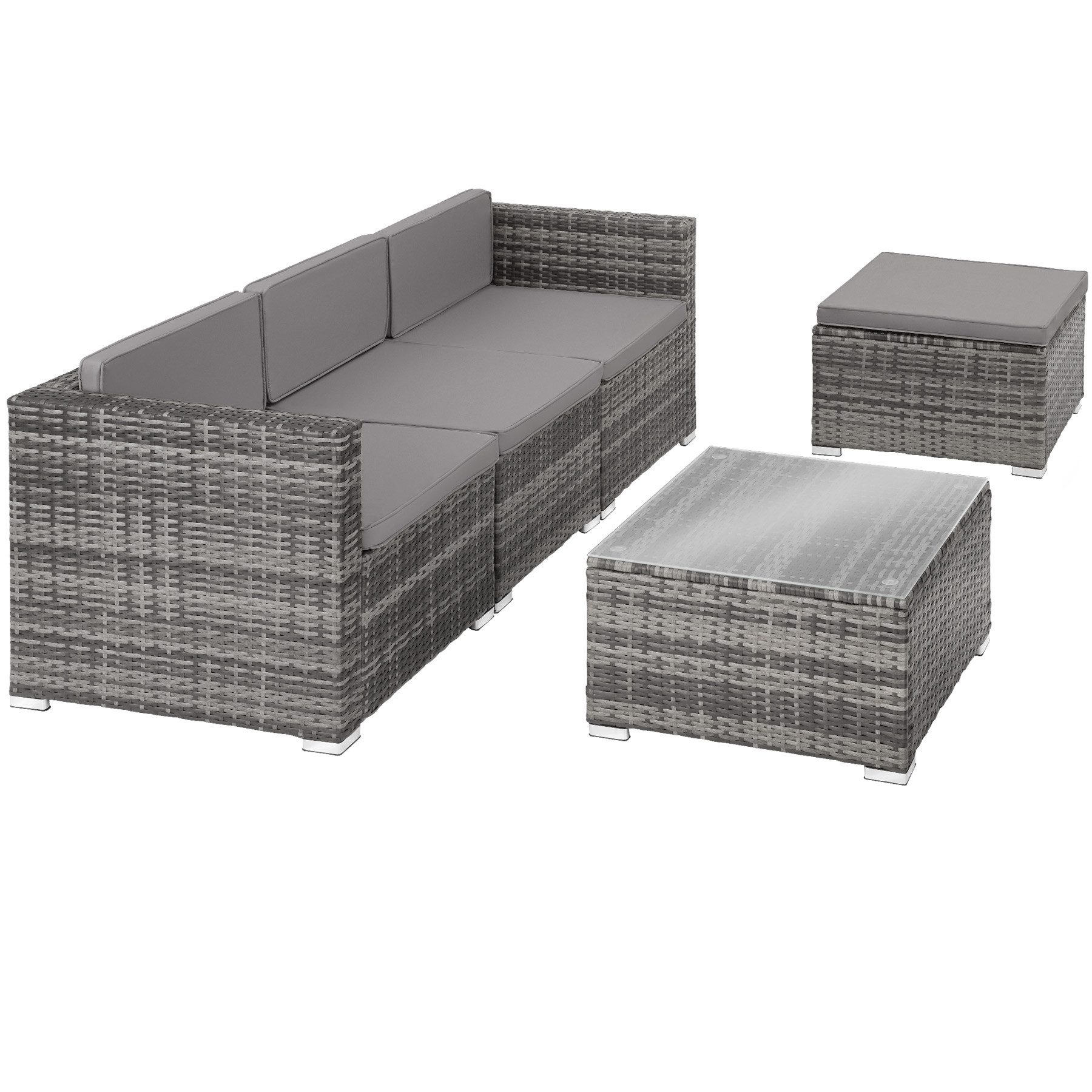 tectake Loungeset rattan sitzgruppe lignano mit uv-beständigem geflecht, (garden lounge set Lignano, 5-tlg., in Grad), abnehmbare, waschbare bezüge und sicherheitsglas-tisch