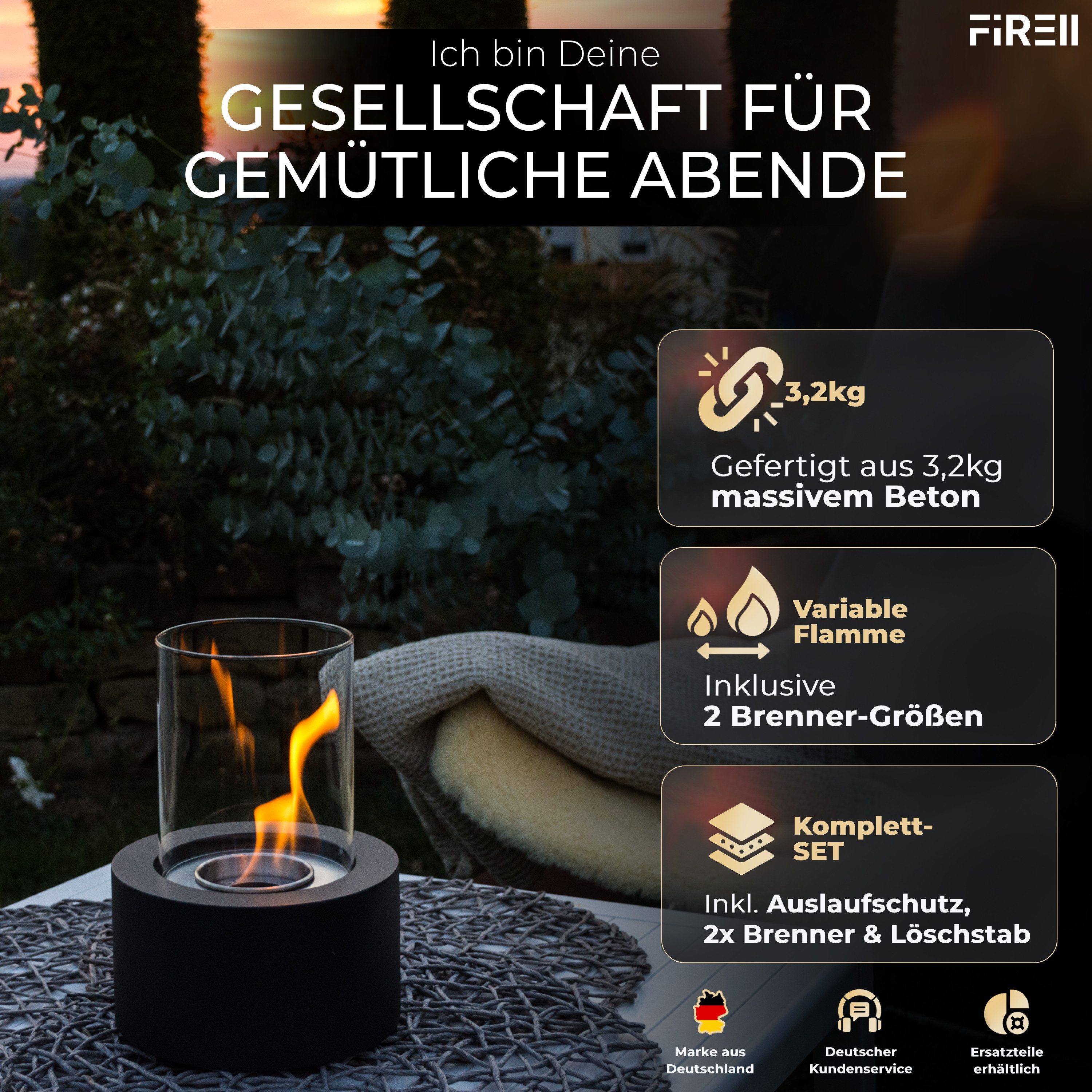 FIRELL Tischfeuer Ethanol Tischkamin Indoor & Outdoor Echtfeuer-Dekokamin (aus massivem Beton, Komplett-Set), Verstellbare Flamme, 3,2 kg Beton, 3h Brenndauer, TÜV Geprüft