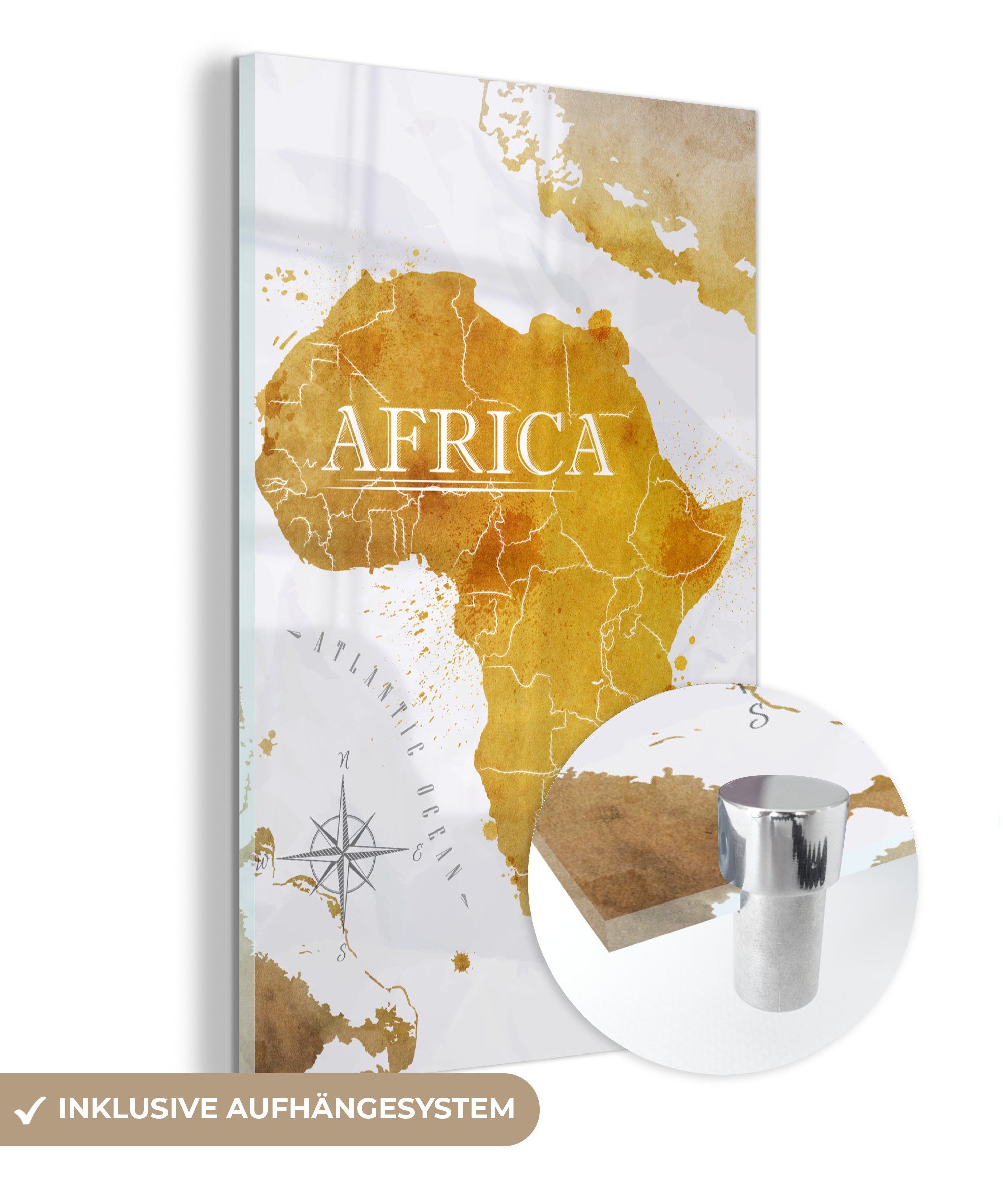 MuchoWow Acrylglasbild Weltkarte - Afrika - Gold, (1 St), Glasbilder - Bilder auf Glas Wandbild - Foto auf Glas - Wanddekoration