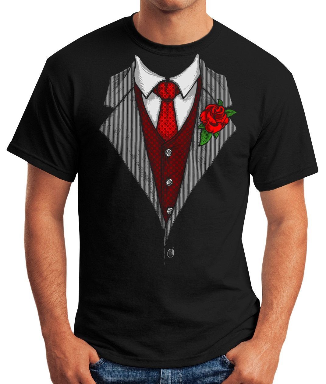 MoonWorks Print-Shirt schwarz Herren Schlips T-Shirt Print mit aufgedruckt Krawatte Fun-Shirt Moonworks® Anzug