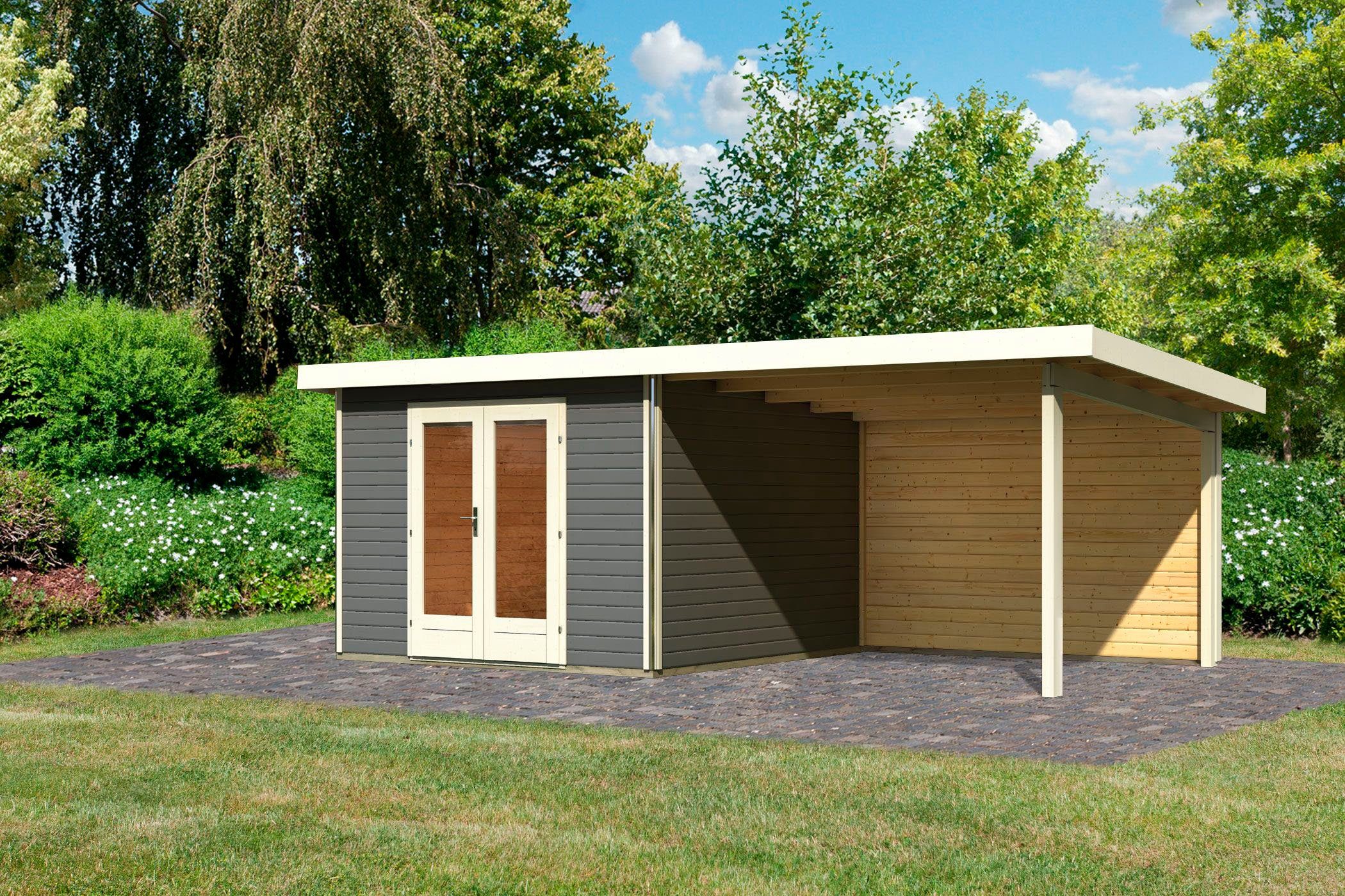 KONIFERA Gartenhaus Rabensee 1, BxT: 664x331,5 cm, mit Anbaudach 3,30 m, Rückwand, terragrau