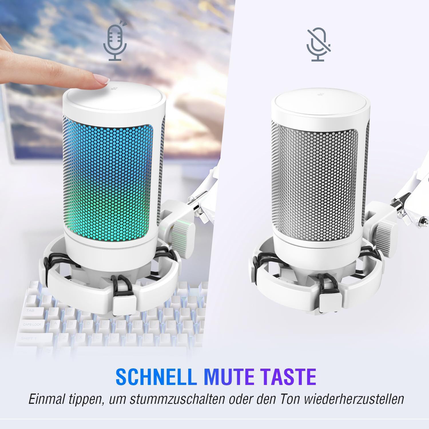 FIFINE Mikrofon USB Mikrofon Streaming mit Arm Kondensator Mikrofon Set PC Gaming RGB, Stummschalttaste, Popfilter und Stoßdämpferhalterung, Weiß