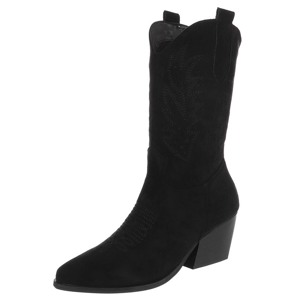 Ital-Design Stylische Stiefeletten mit filigranem Design und Komfort Westernstiefel (91409521) Blockabsatz Stiefel in Schwarz
