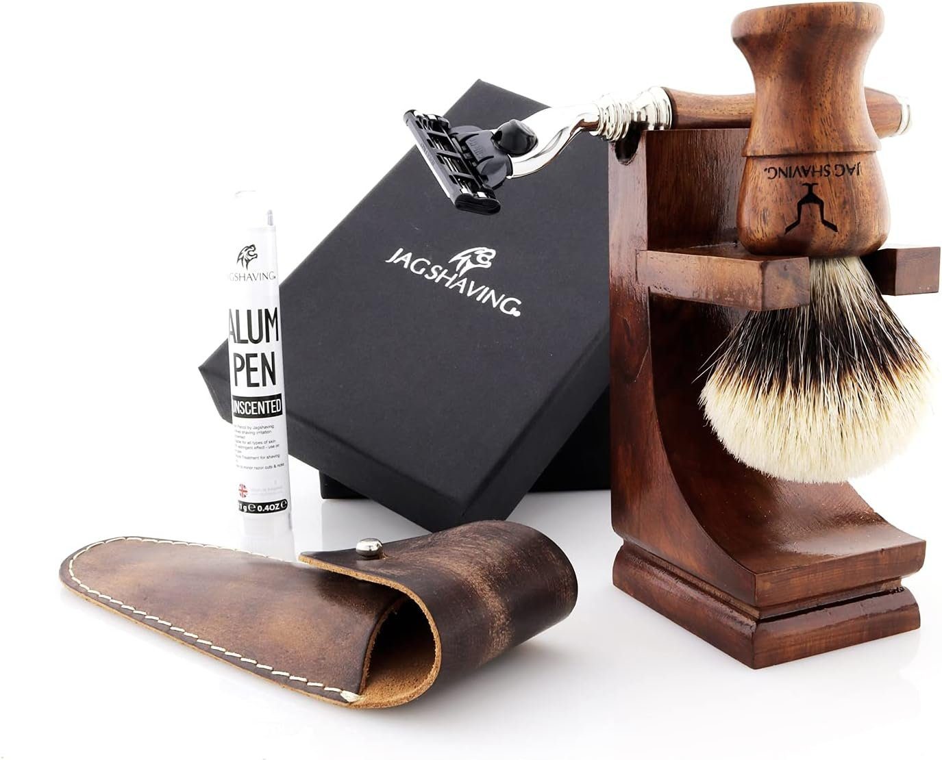 JAG SHAVING Rasierpinsel-Set Rasierset aus Holz, Rasierpinsel, Ständer, 3-Klingen-Rasierer Herren, 5 tlg., Holzrasierer, Synthetikpinsel, 3-Klingen-Rasierer Ständer, Lederetui, beste Erfahrung beim manuellen Speichern