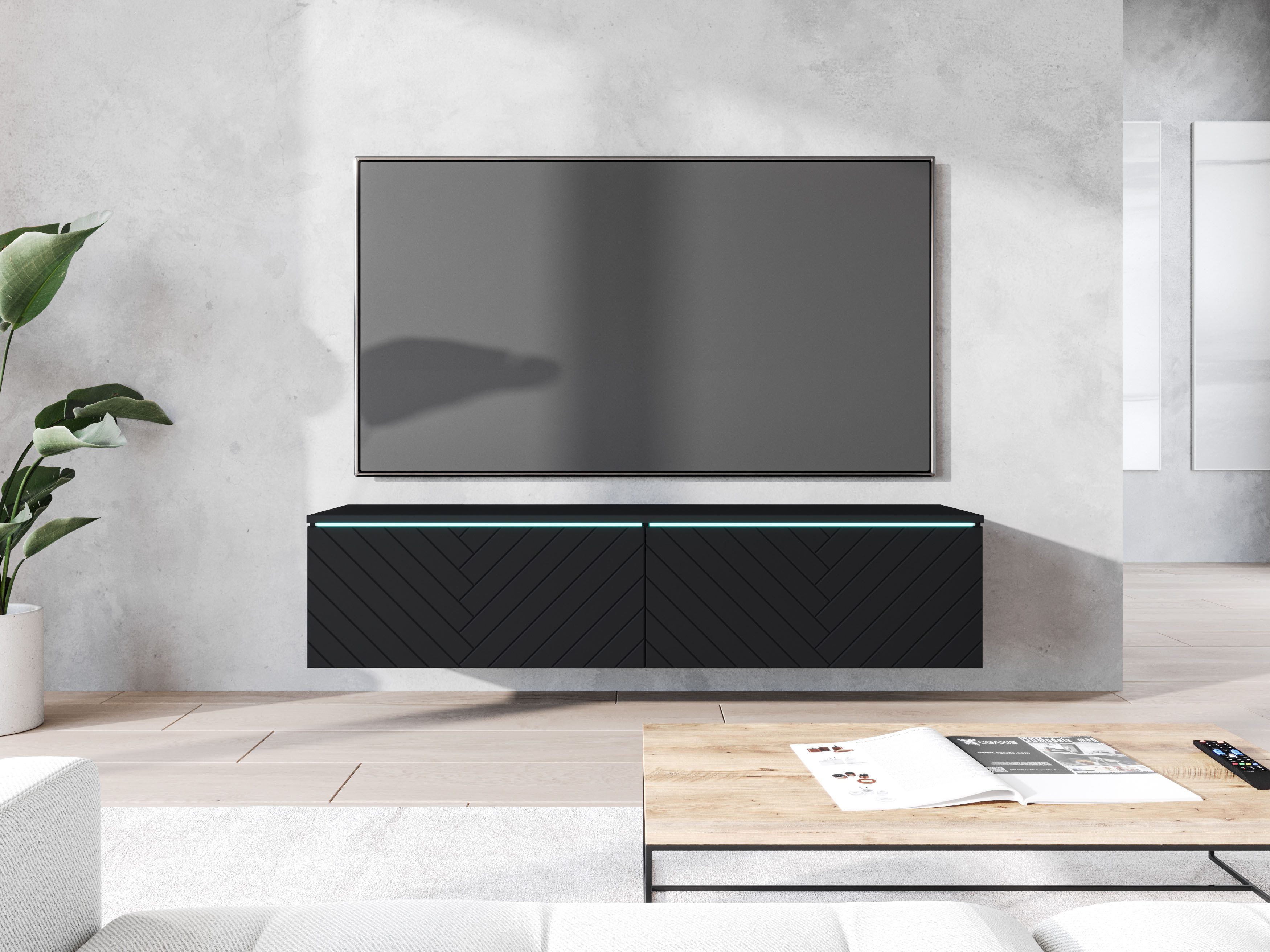 Home affaire Lowboard wahlweise mit oder ohne Beleuchtung (1 St), 140 cm TV-Board ohne Griffe, mit viel Stauraum, stehend und hängend