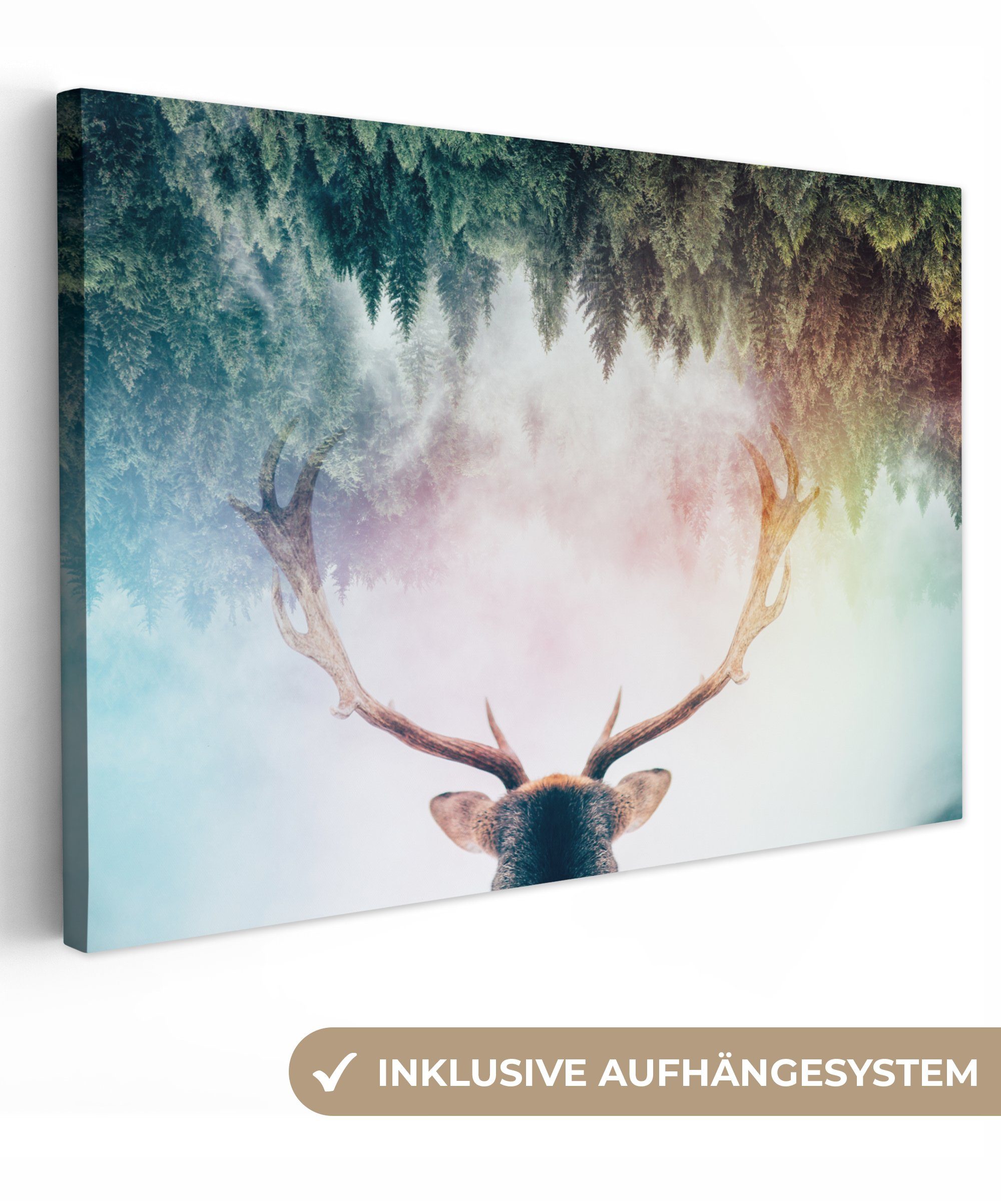 OneMillionCanvasses® Leinwandbild Hirsch alle cm (1 St), Gemälde, für - Wandbild großes, - Wohnbereiche, Geweih XXL, - Nebel, Wald 120x80