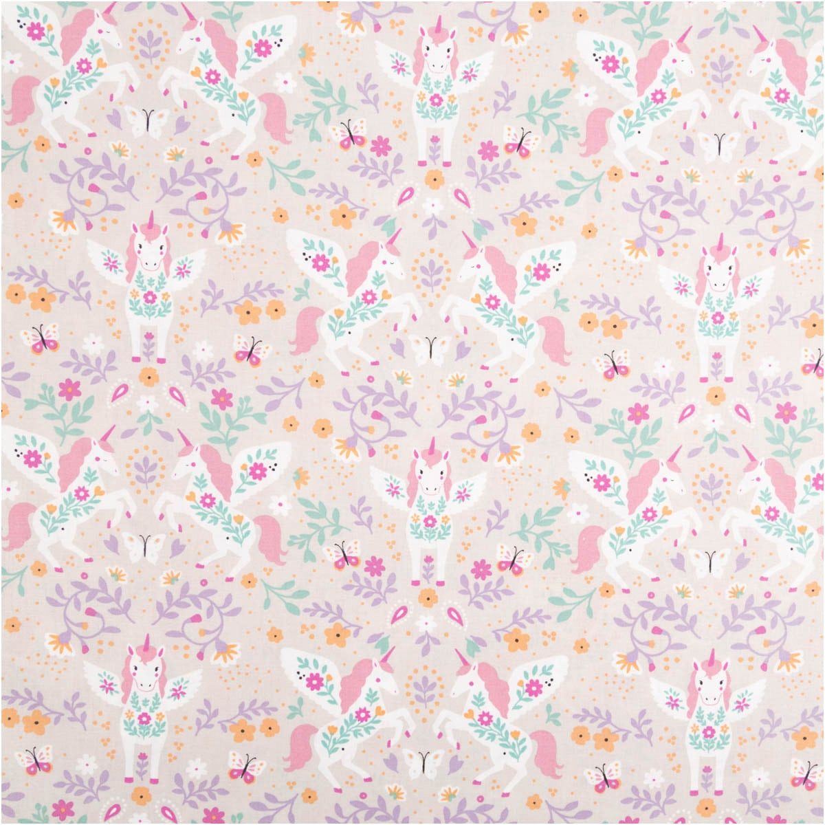 SCHÖNER LEBEN. Stoff Baumwollstoff Meterware Polly Einhörner Blumen hellgrau rosa 147cm, allergikergeeignet