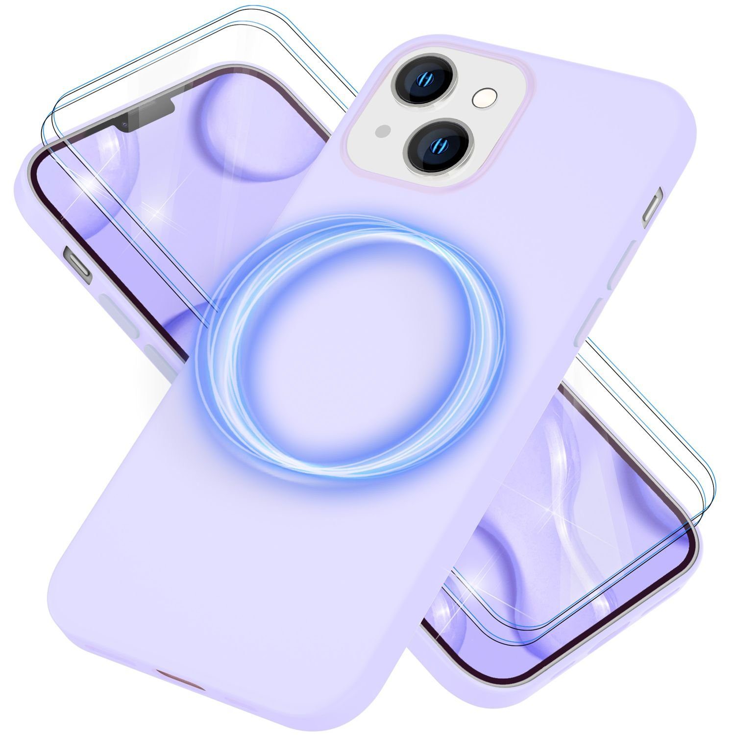 Nalia Smartphone-Hülle Apple iPhone 14 15,5 cm (6,1 Zoll), Liquid Silikon Hülle / MagSafe Funktion / 2x Schutzglas / Anti-Schmutz