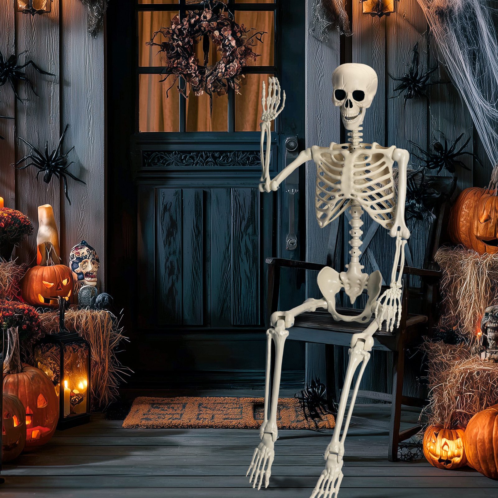 Lumkudos Dekoobjekt Halloween Skelett 165CM, Lebensgroßes Realistisches Ganzkörperskelett (1 St), mit beweglichen Gelenken für Party Requisiten Gruseliger Friedhof