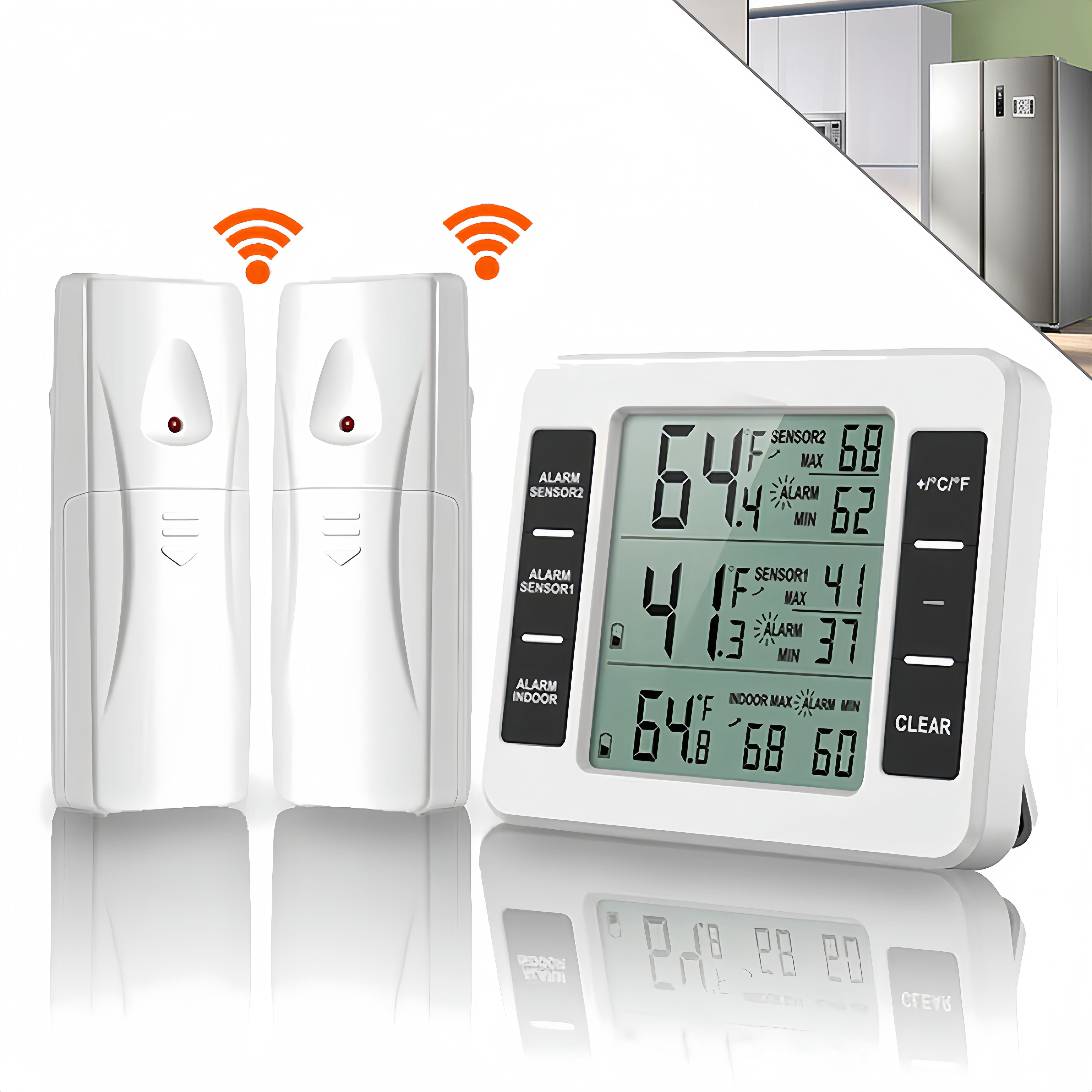 BlingBin Aquarienthermometer Kühlschrankthermometer Drahtloses Digitales Thermometer LCD-Display, 1er Set 3-tlg., 3 tlg, Gefrierschrankthermometer mit 2 kabellose Sensoren für Innen/Außen