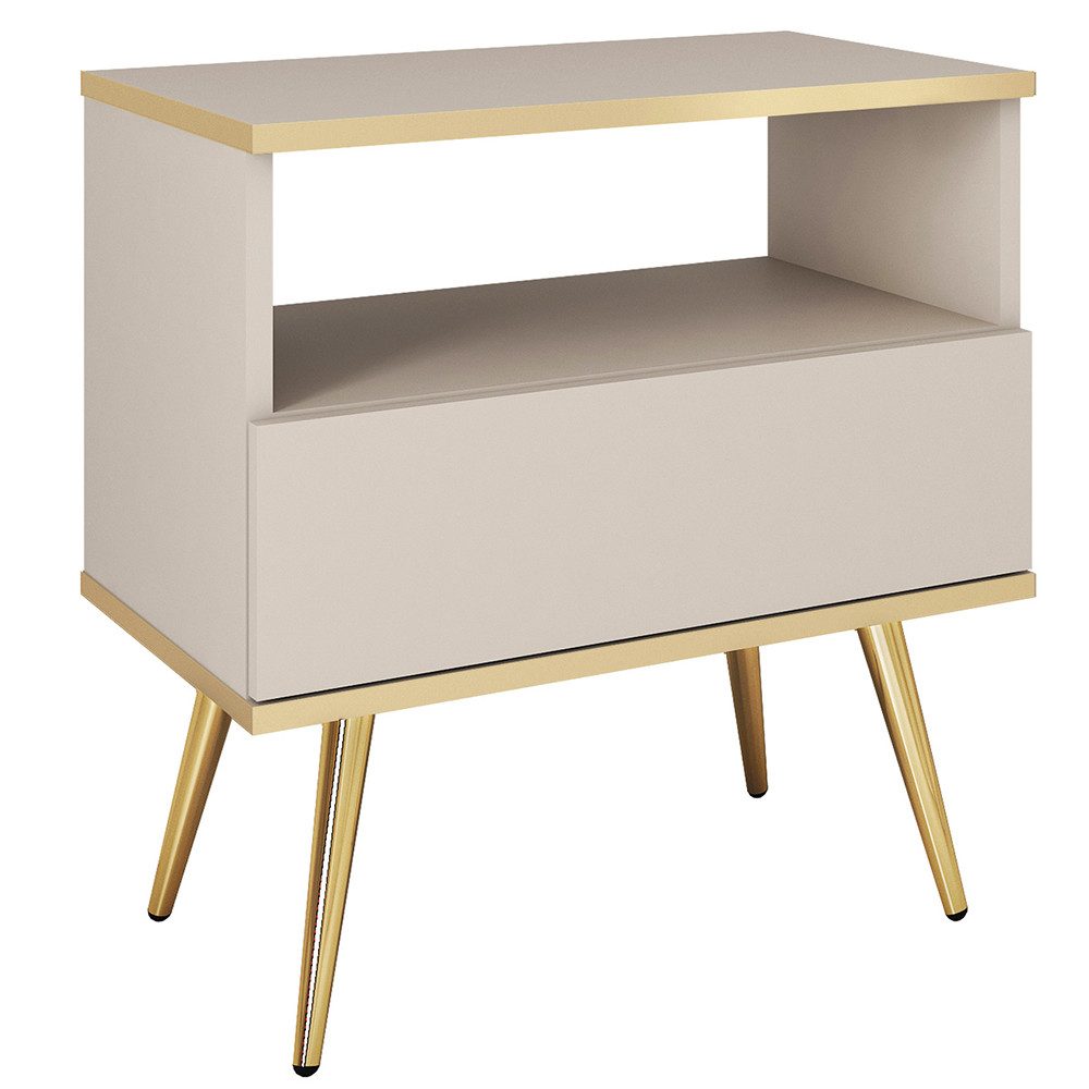Lomadox Nachtschrank OLOVO-160 Beige, goldfarbenen Details, Schublade, Metallbeine in Goldfarben