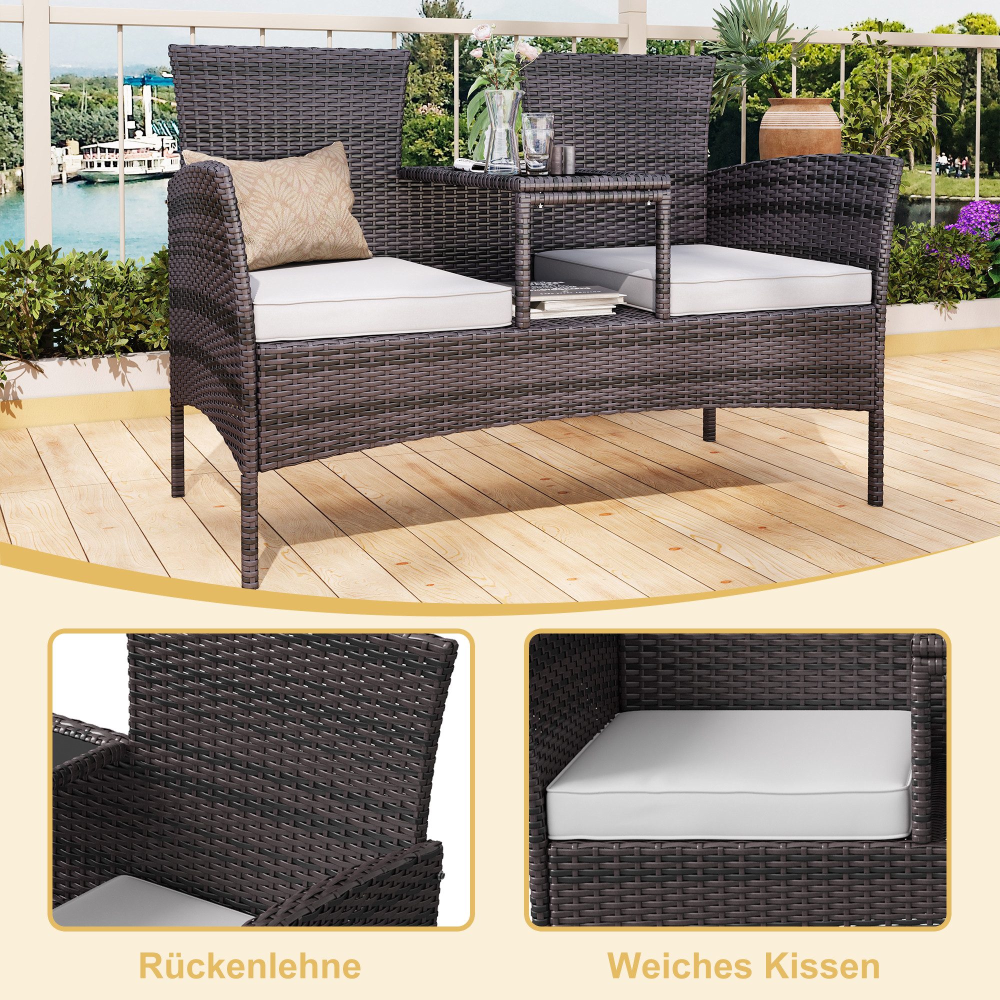 FUROKOY Loungesofa 2-Sitzer Garten sessel mit kleiner Tisch und 2 weiße Auf günstig online kaufen