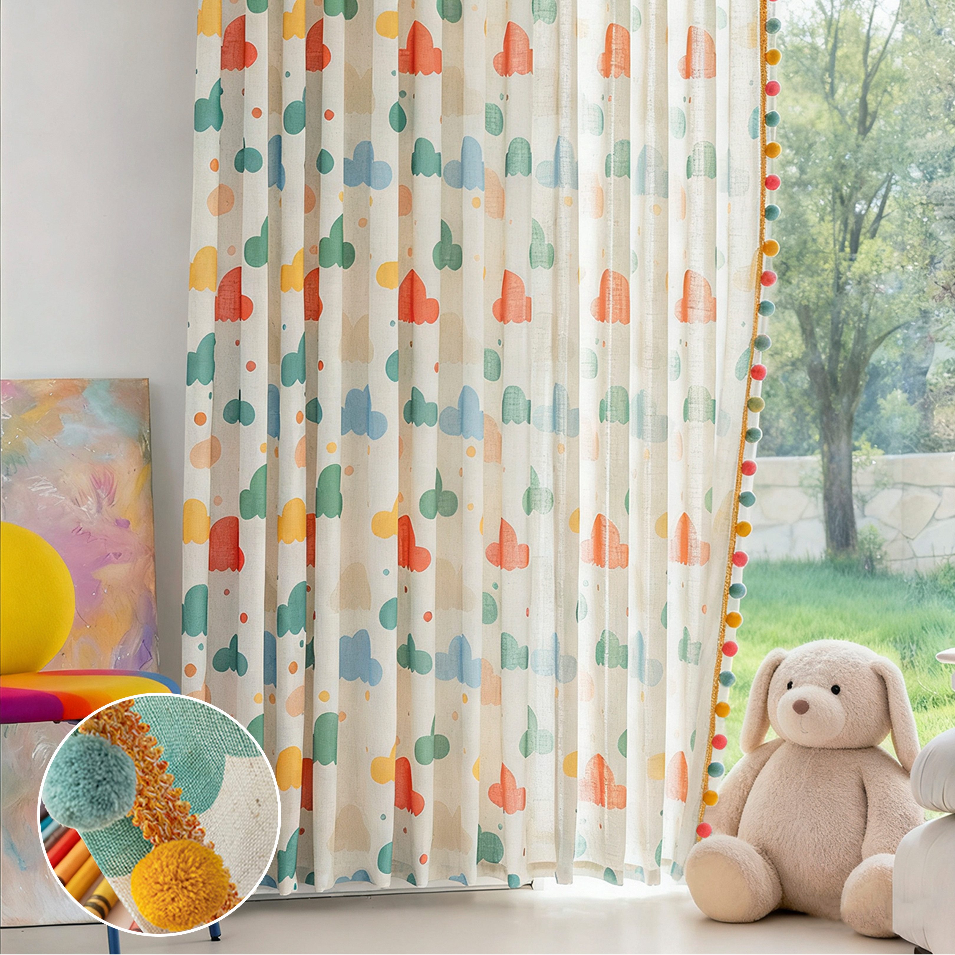 Gardine Kinderzimmer Regenbogen Vorhang Voile mit Kräuselband 2er Set