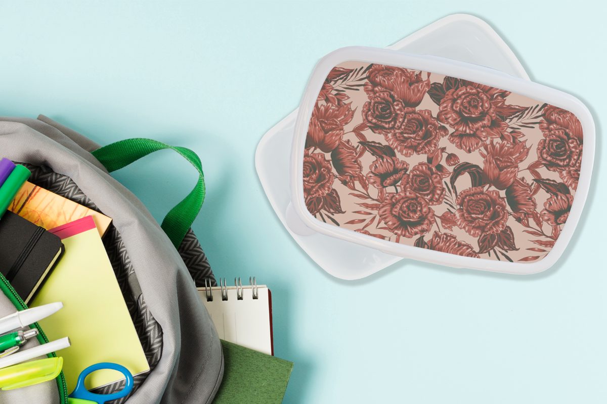 - - und (2-tlg), Jungs Mädchen Muster Brotbox weiß für Brotdose, Kunststoff, Erwachsene, Blumen, Kinder Rose Lunchbox und MuchoWow für