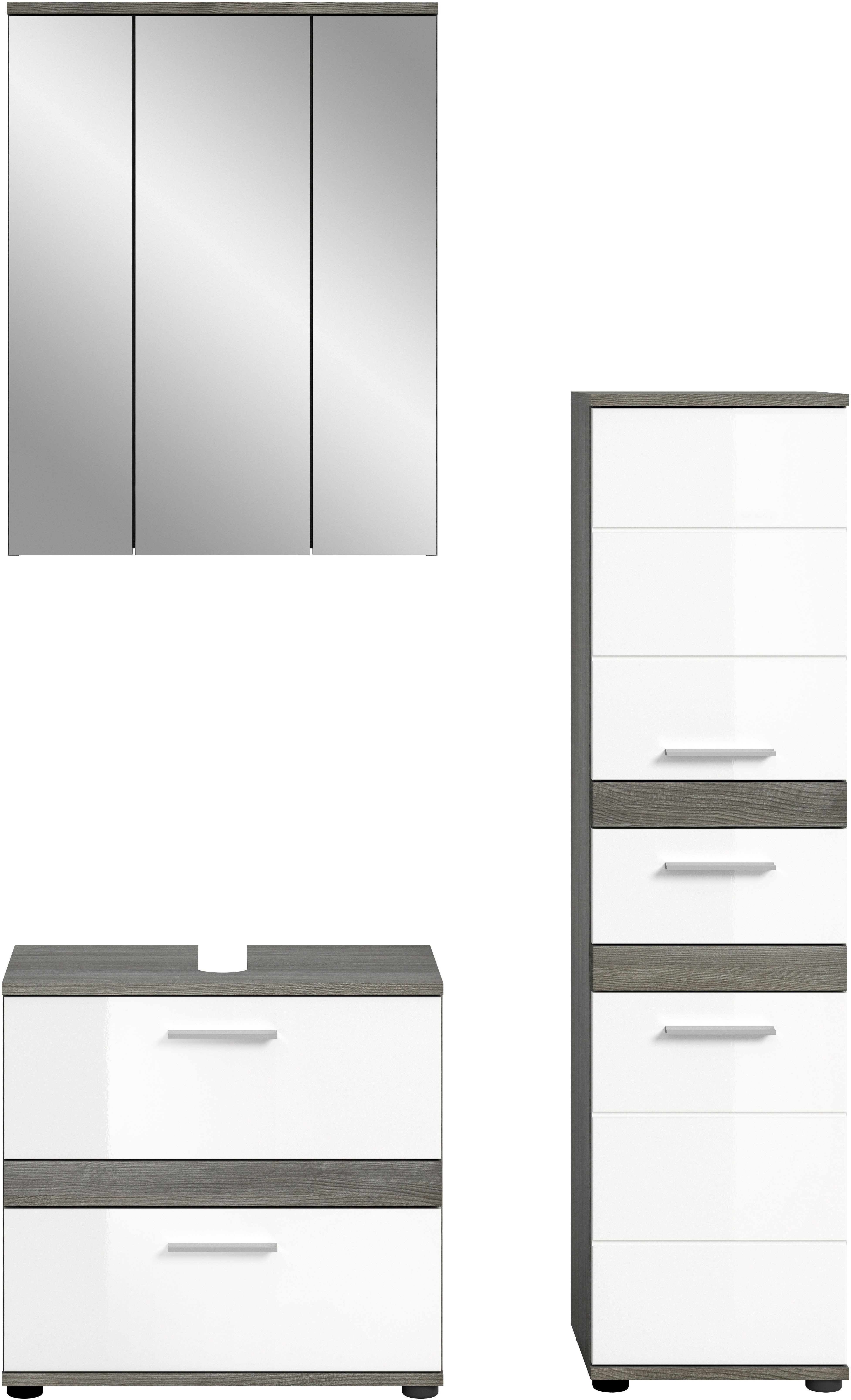 welltime Badmöbel-Set LUCCA, 3-teilig, TOPSELLER!, hochwertige MDF Front, (Set, 3-St., best. aus: Waschbeckenunterschrank, Spiegelschrank, Hochschrank), Badkombination, Bad-Möbel, Badezimmer, Kombination, Kombi