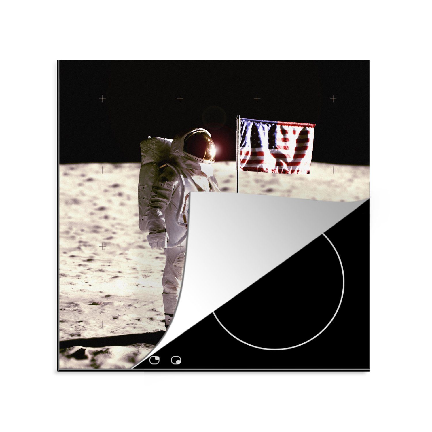 MuchoWow Herdblende-/Abdeckplatte Astronaut - Mond - Flagge - Amerika, Vinyl, (1 tlg), 78x78 cm, Ceranfeldabdeckung, Arbeitsplatte für küche