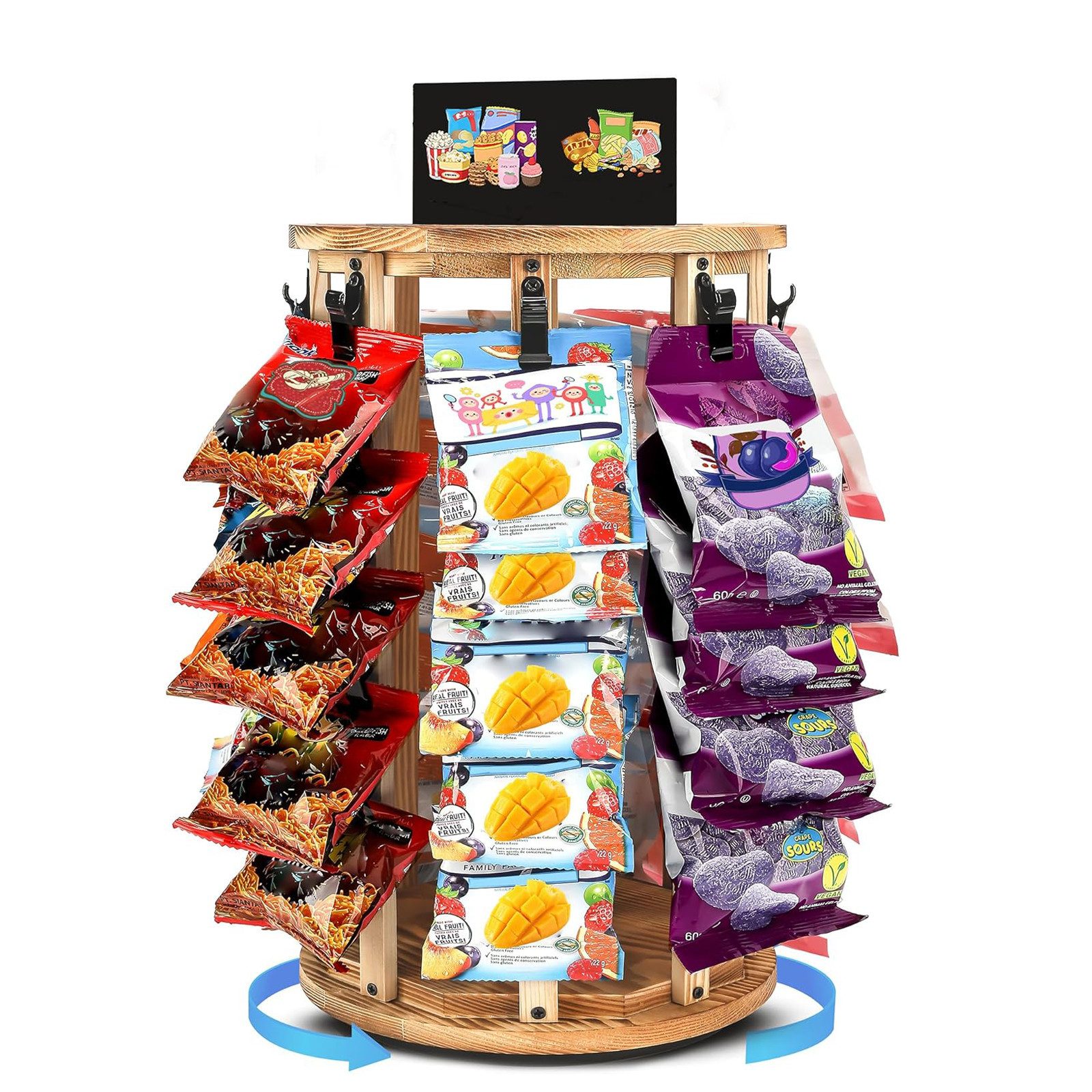 BlingBin Servierständer Snack Displaystände 5-stufiger drehbarer Holzständer mit 40 Clips, Kiefernholz, (1er Set, 1-tlg., 20,5x46cm), Holzsockel, Chiphalter, Kekse, Snack-Display für Theke