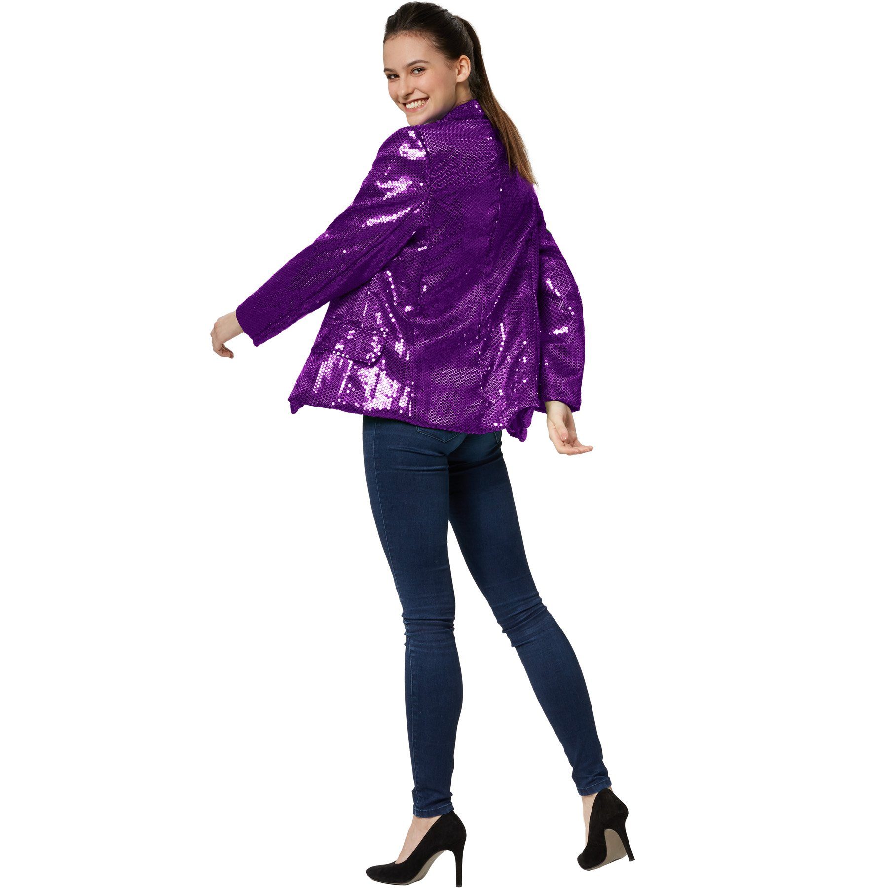 dressforfun Blouson Kurzjacke, Für viele Outfits und Anlässe, Ziertaschen an den Seiten (Bundjacke, Konfektionsgröße S in lila) Damen-Jackett mit glitzernden Pa – Bild 4 von 5