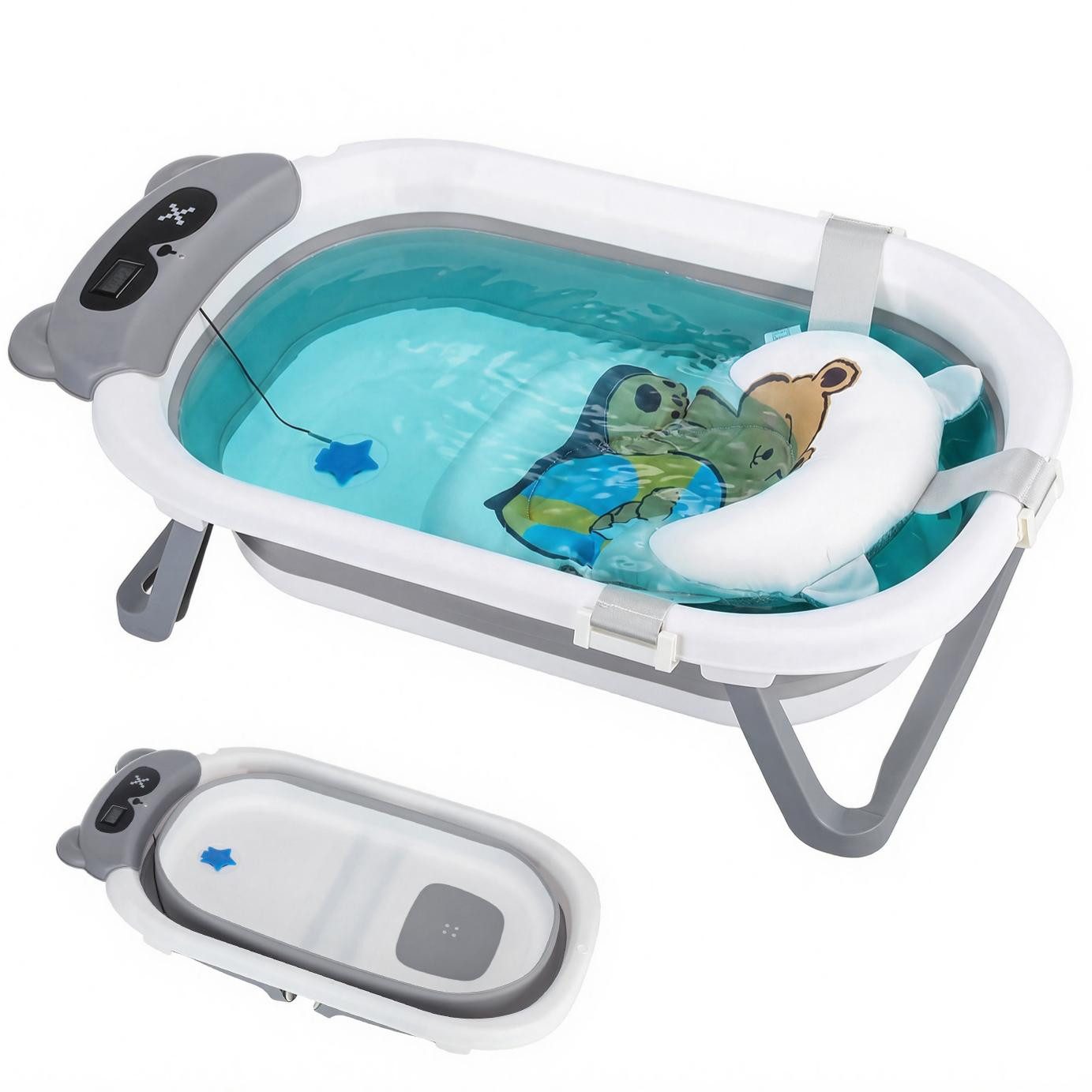 oyajia Babybadewanne Faltbare Badewanne PP&TPE Babywanne Badewannensitz, (mit weichem Schwimmkissen und Thermometer, Rutschfeste Badewanne)