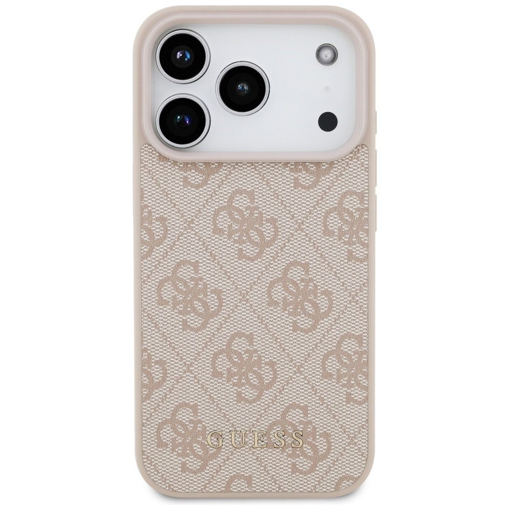 Guess Handyhülle iPhone 17 Pro Kunstleder rosa Classic Logo goldfarben Metall 6,3 Zoll, Kantenschutz