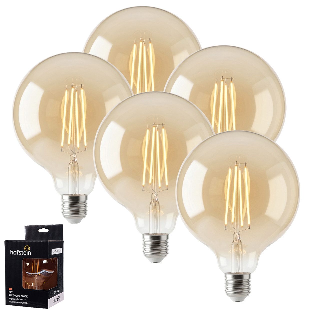 hofstein LED-Leuchtmittel 5er Set Glühbirne Warmweiß dimmbar 6 Watt, E27, 2700 Kelvin, 600 Lumen, Globe Vintage, Filament, Amber