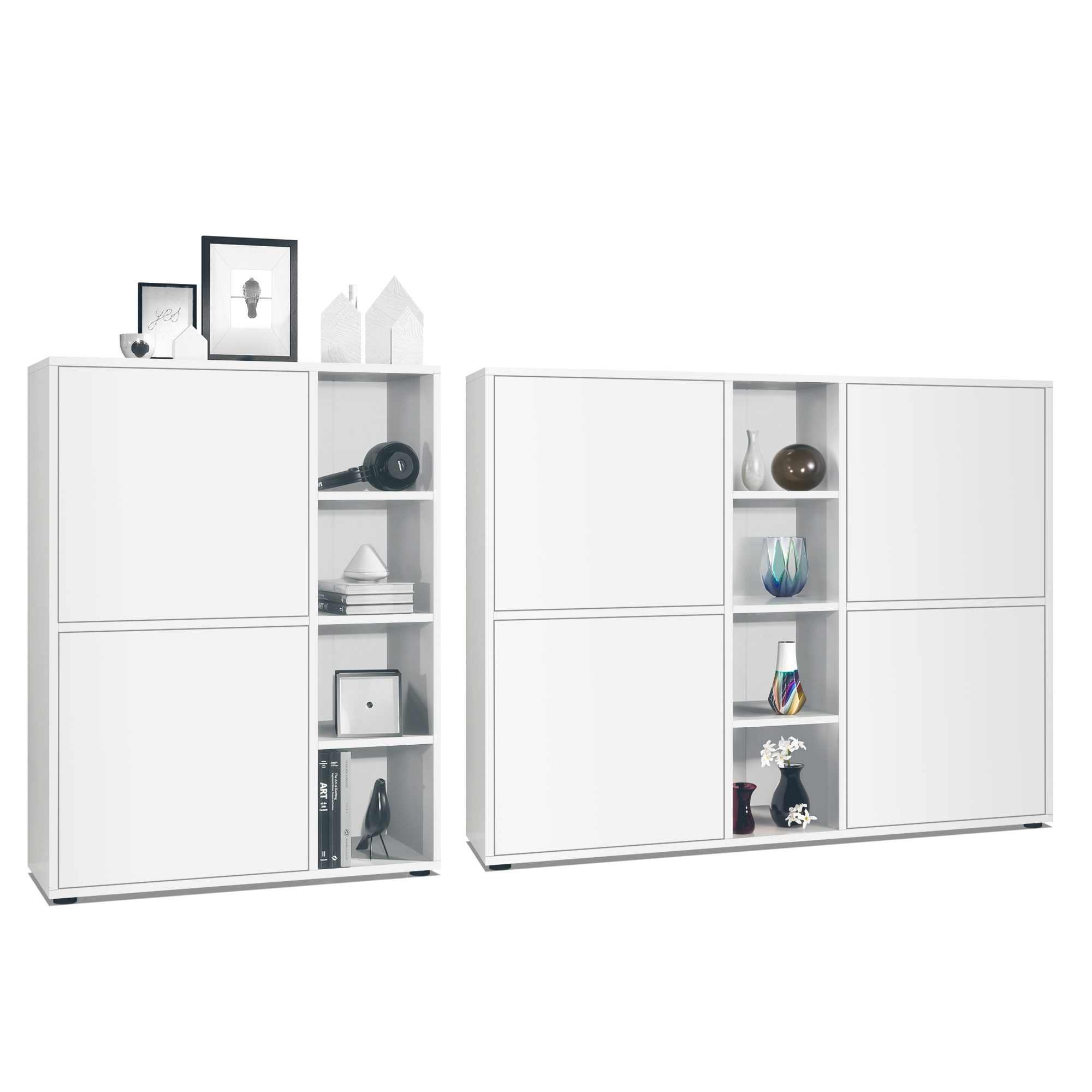 Vladon Wohnwand Miami, (Wohnraum Set, bestehend aus 2 Highboards), Weiß matt / Weiß matt