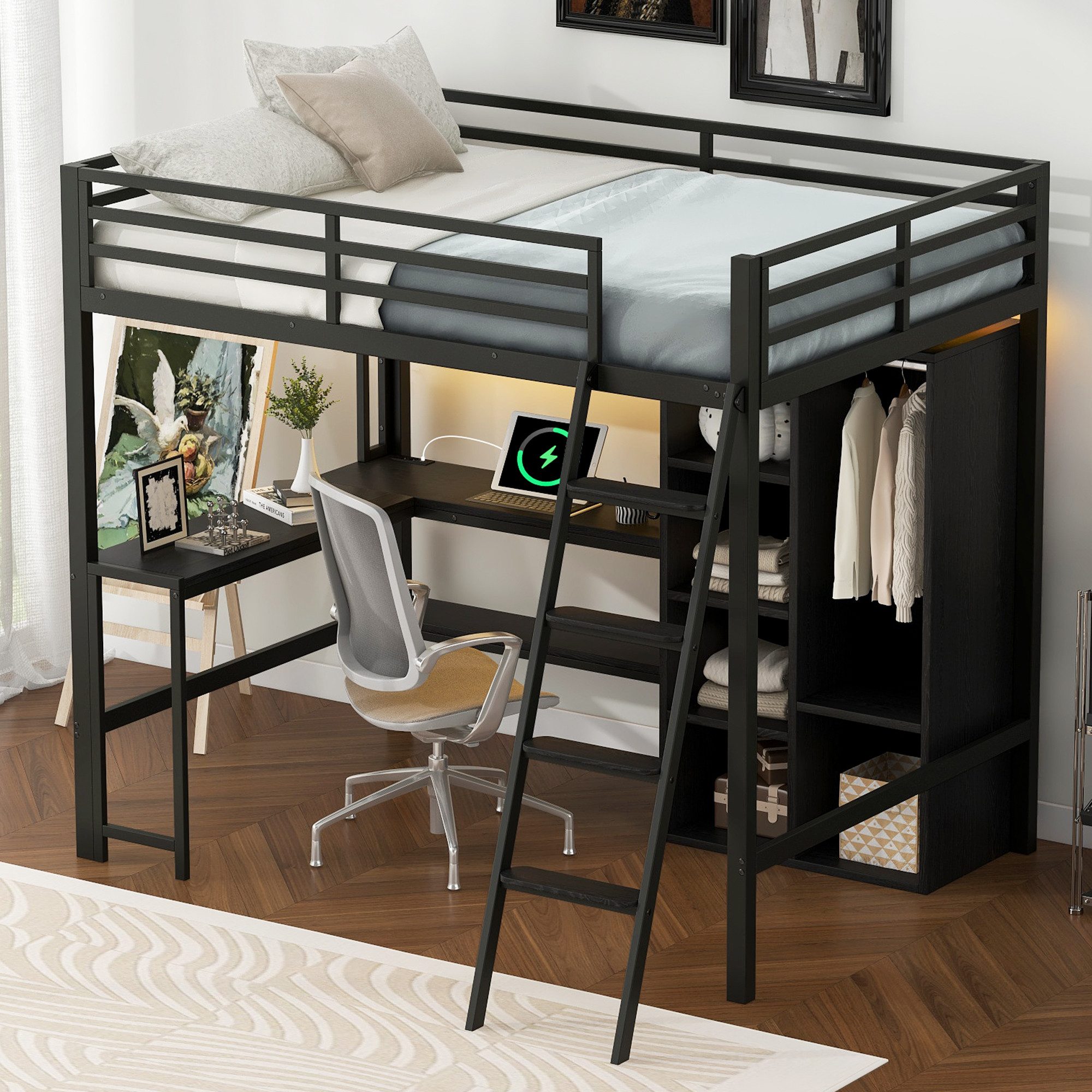 STILVORA Hochbett 140x200 mit Schreibtisch,Jugendbett Eisenbett mit LED-Lic günstig online kaufen