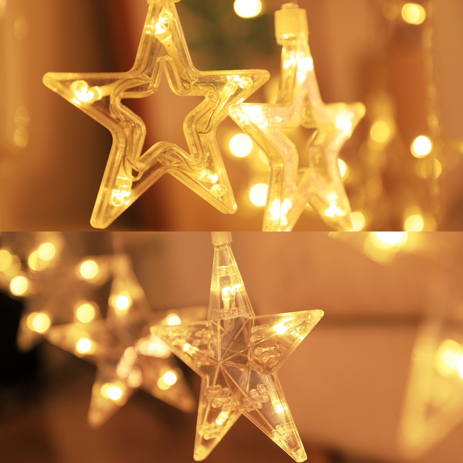 Salcar LED-Lichterkette 2m Sterne LED Lichterkette Außen Lichtervorhang Innen Weihnachten, 8 Beleuchtungsmodi und Memory-Funktion mit Fernbedienung Warmweiß – Bild 4 von 5