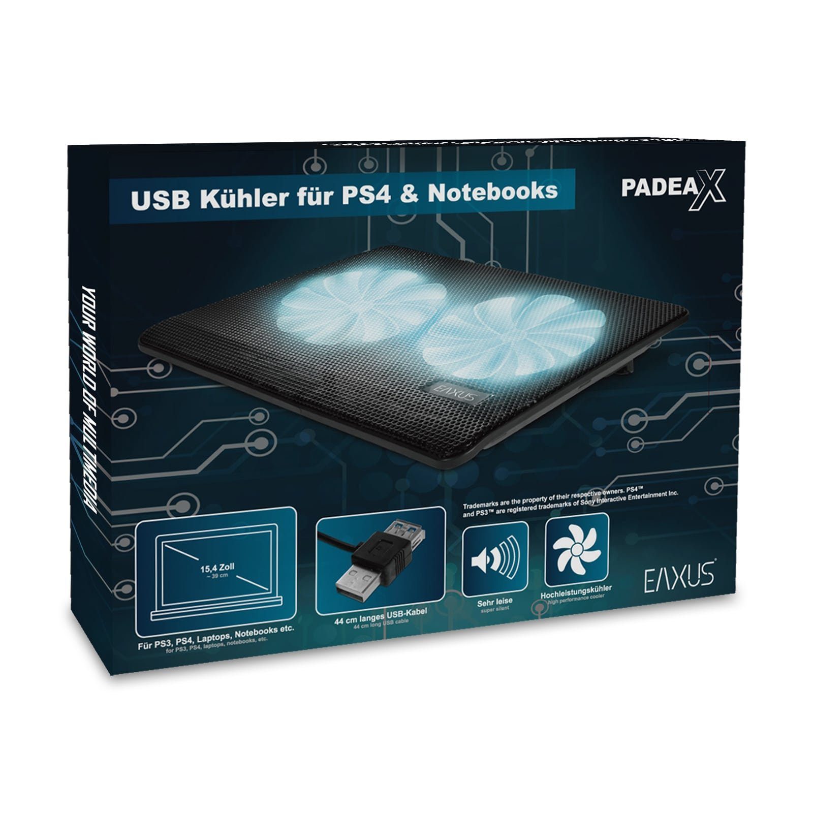 EAXUS Notebook-Kühler Padeax für & Lüfter auch Konsolen. blauer 4, mit Kühler, PS5, Laptops PlayStation weitere LED-Beleuchtung